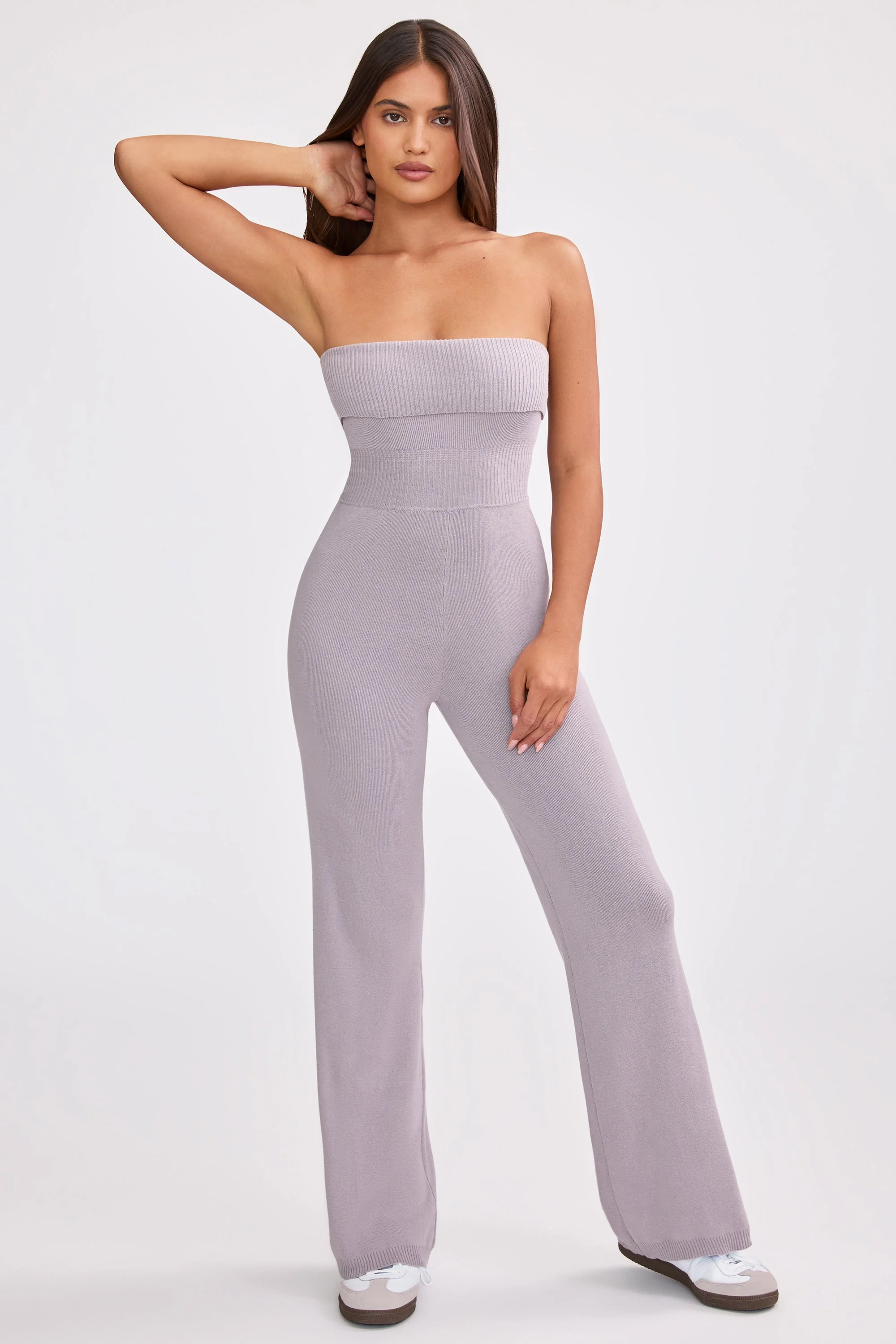 Chunky Knit Bandeau Kick Flare Jumpsuit in Dusty Lavender - Image 7