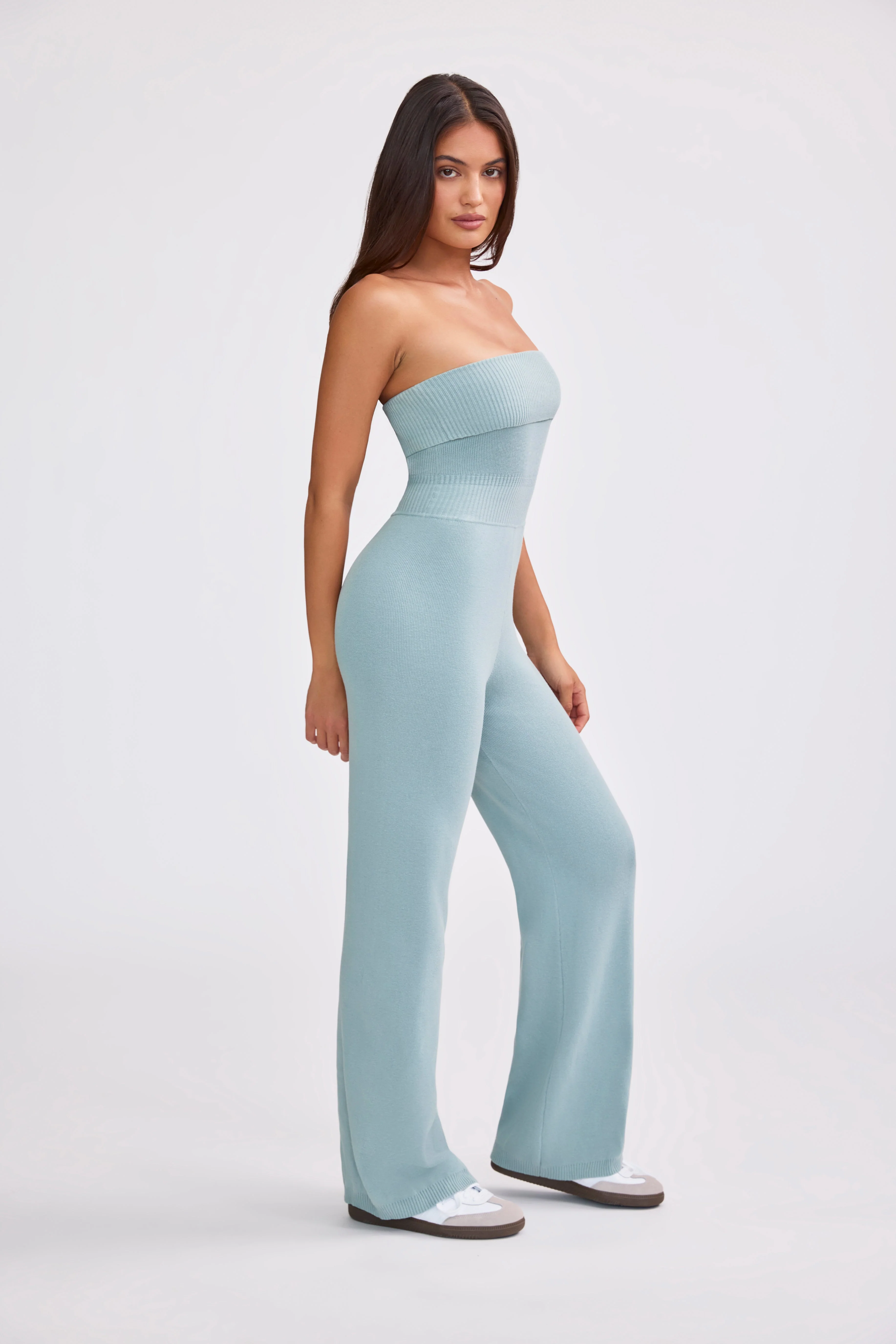 Chunky Knit Bandeau Kick Flare Jumpsuit in Dusty Teal - Image 3