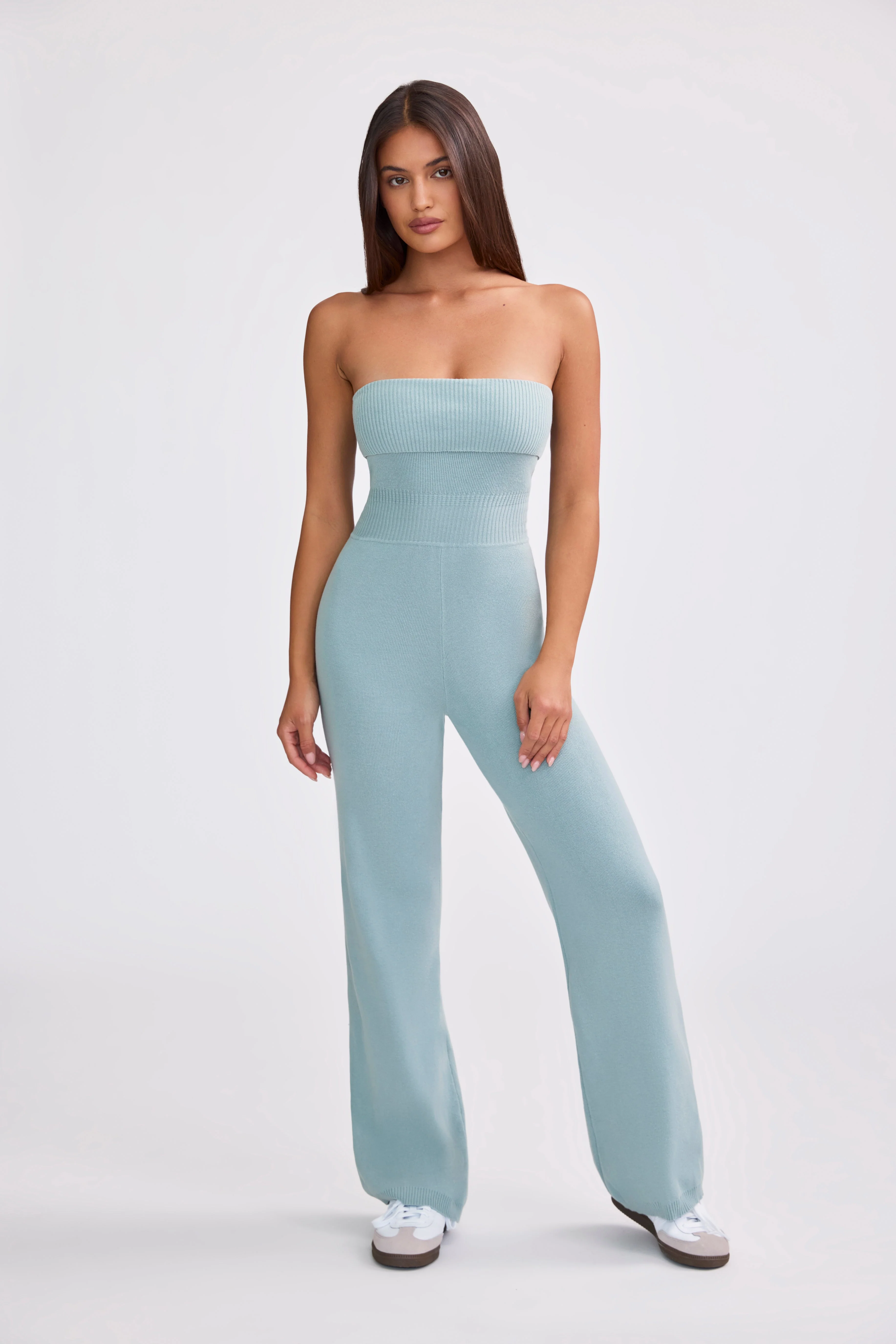 Chunky Knit Bandeau Kick Flare Jumpsuit in Dusty Teal - Image 6