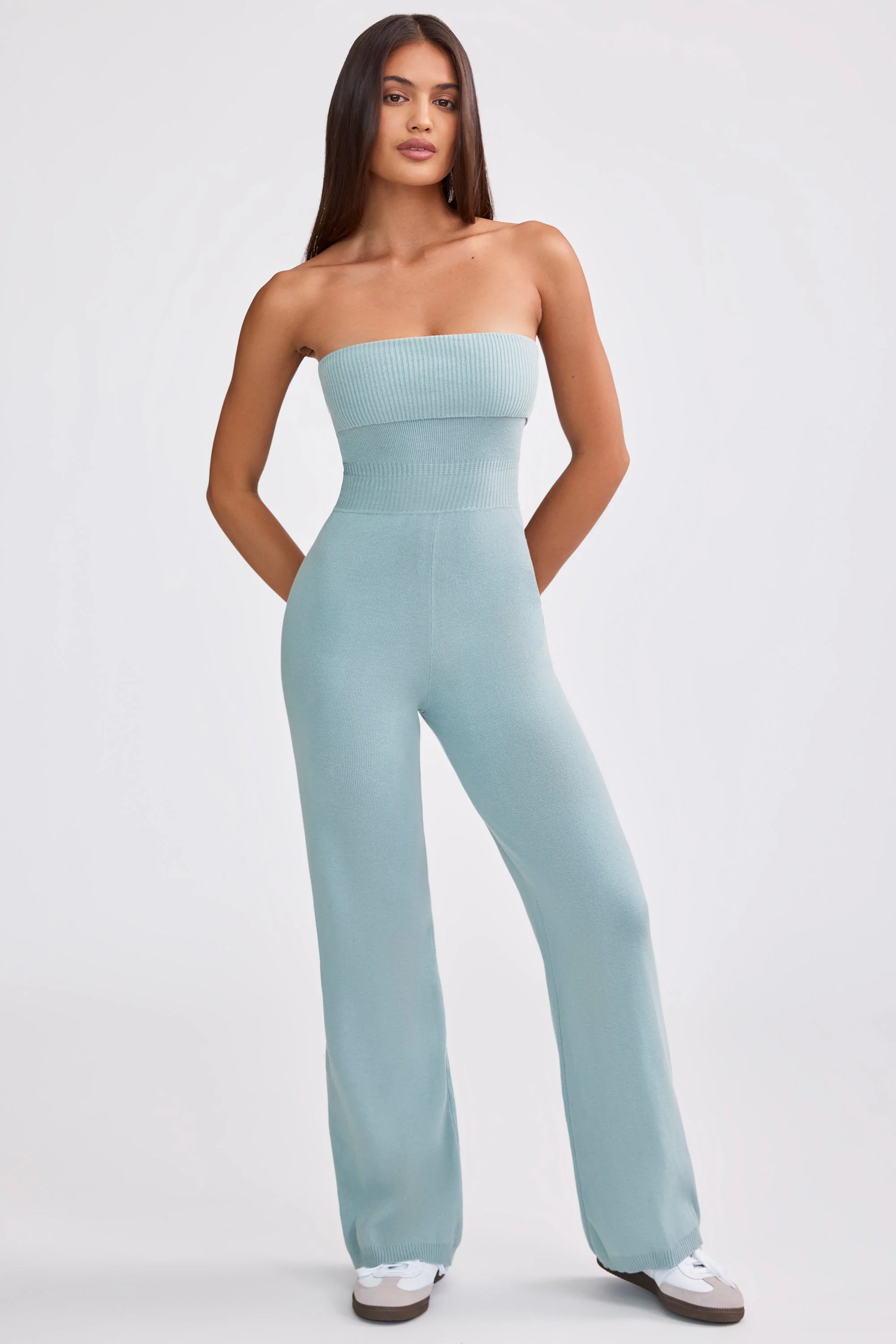 Chunky Knit Bandeau Kick Flare Jumpsuit in Dusty Teal - Image 8