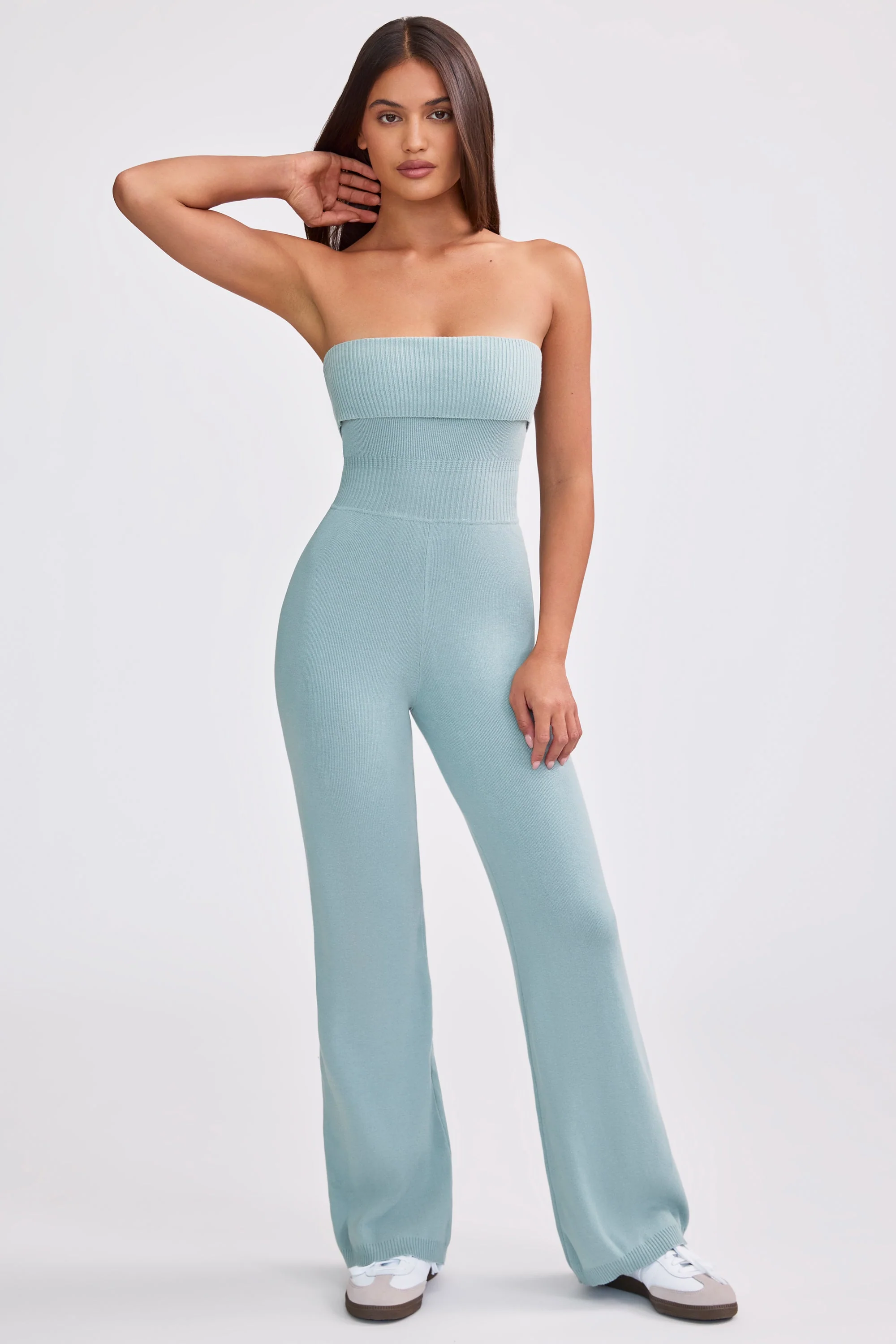Chunky Knit Bandeau Kick Flare Jumpsuit in Dusty Teal - Image 9