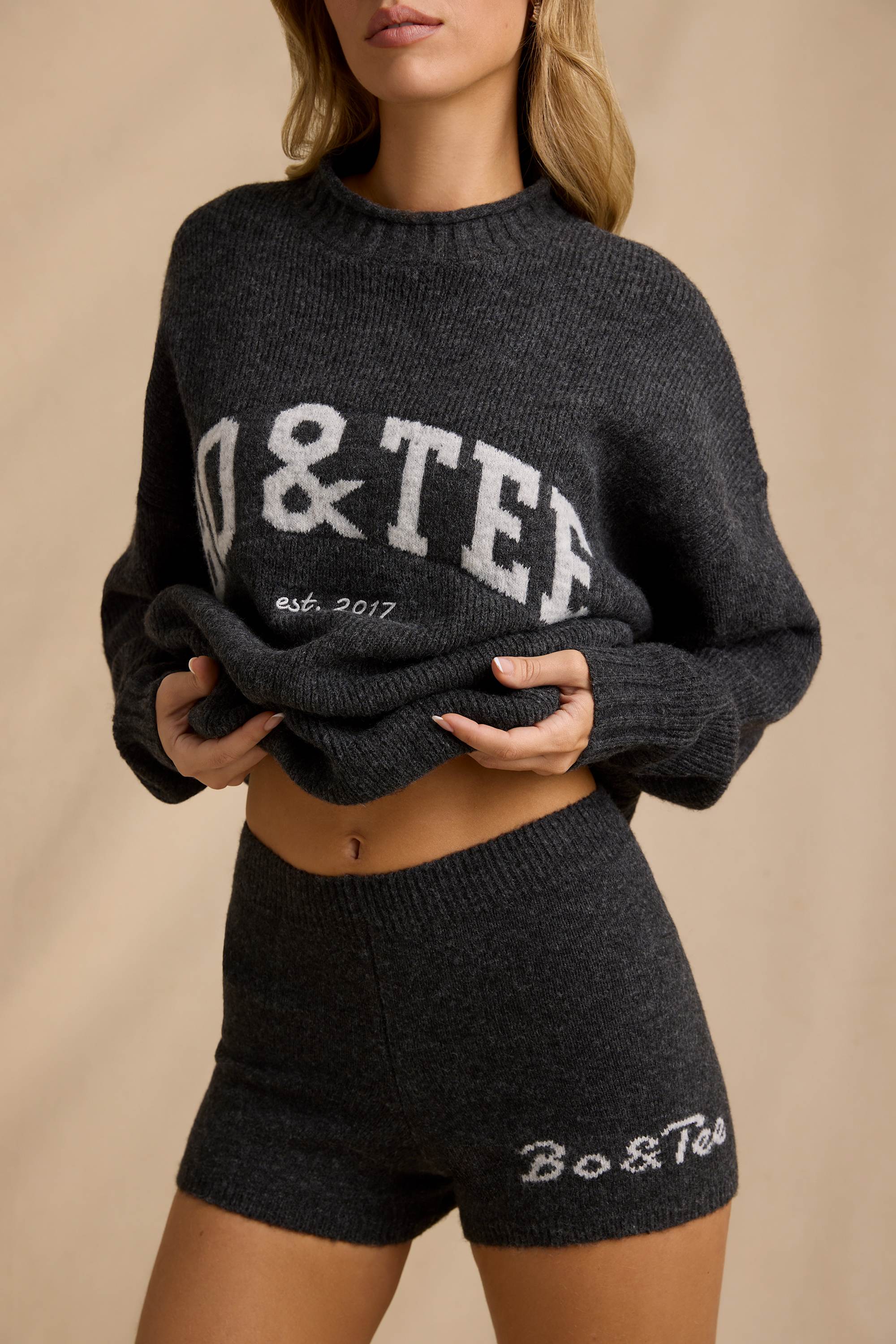Mid-Rise Knit Mini Shorts in Charcoal Marl - Image 4