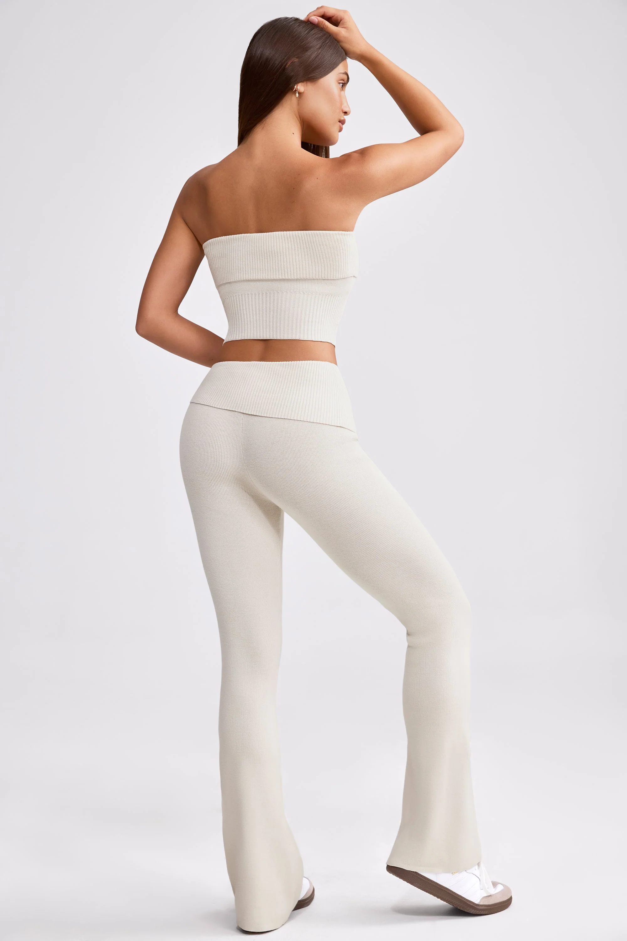 Chunky Knit Foldover Kick Flare Trousers in Cream - Image 2
