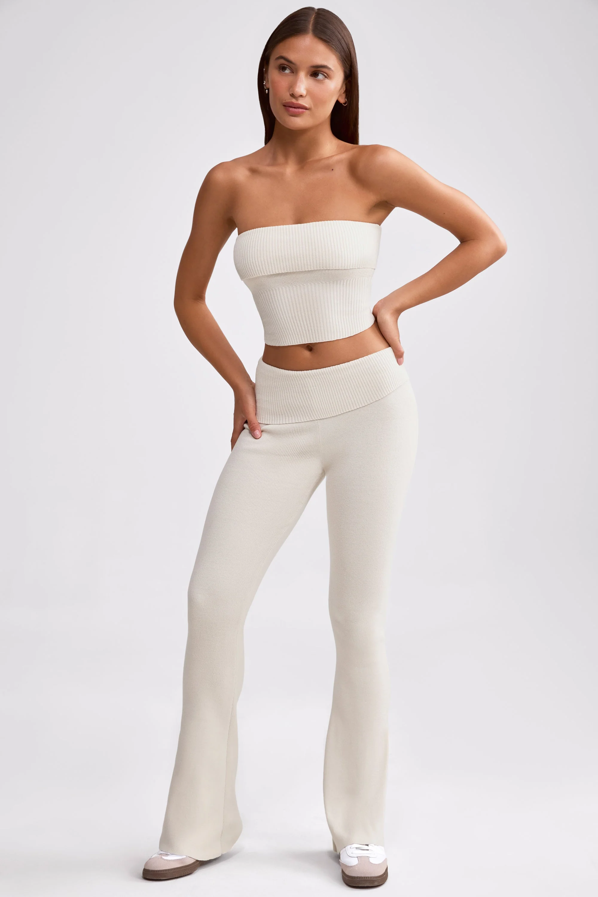 Chunky Knit Foldover Kick Flare Trousers in Cream - Image 5