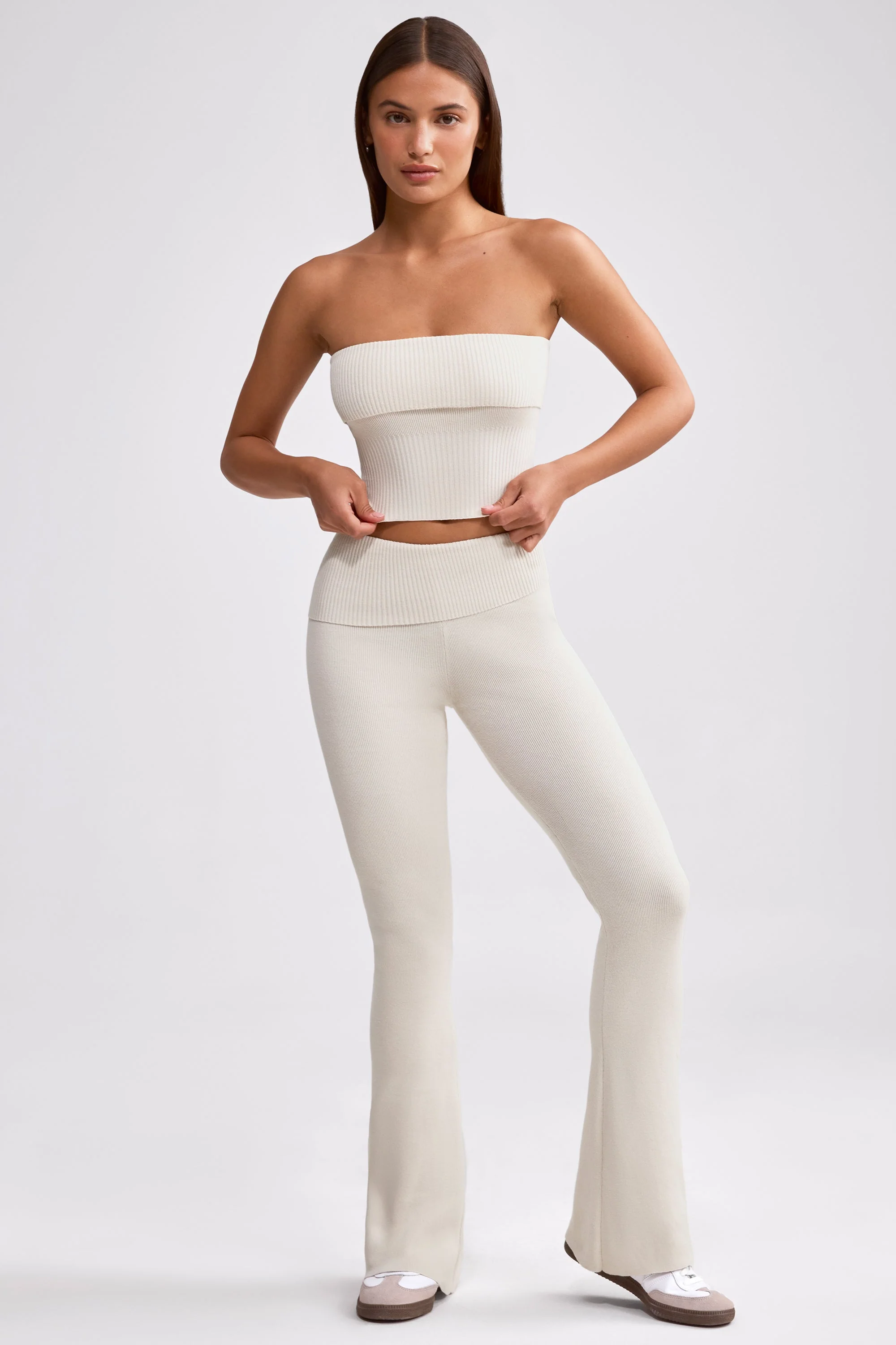 Chunky Knit Foldover Kick Flare Trousers in Cream - Image 7