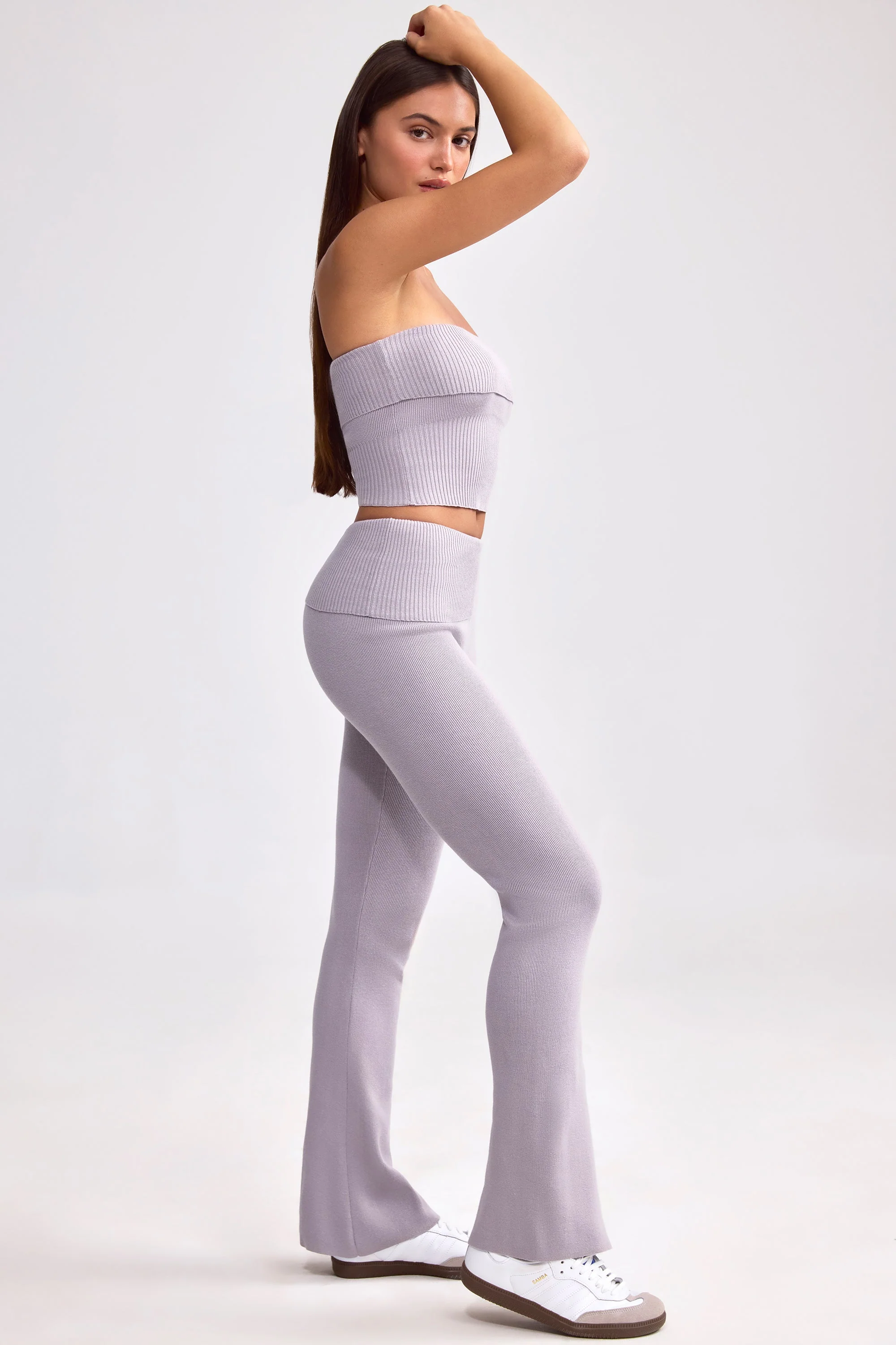 Chunky Knit Foldover Kick Flare Trousers in Dusty Lavender - Image 3