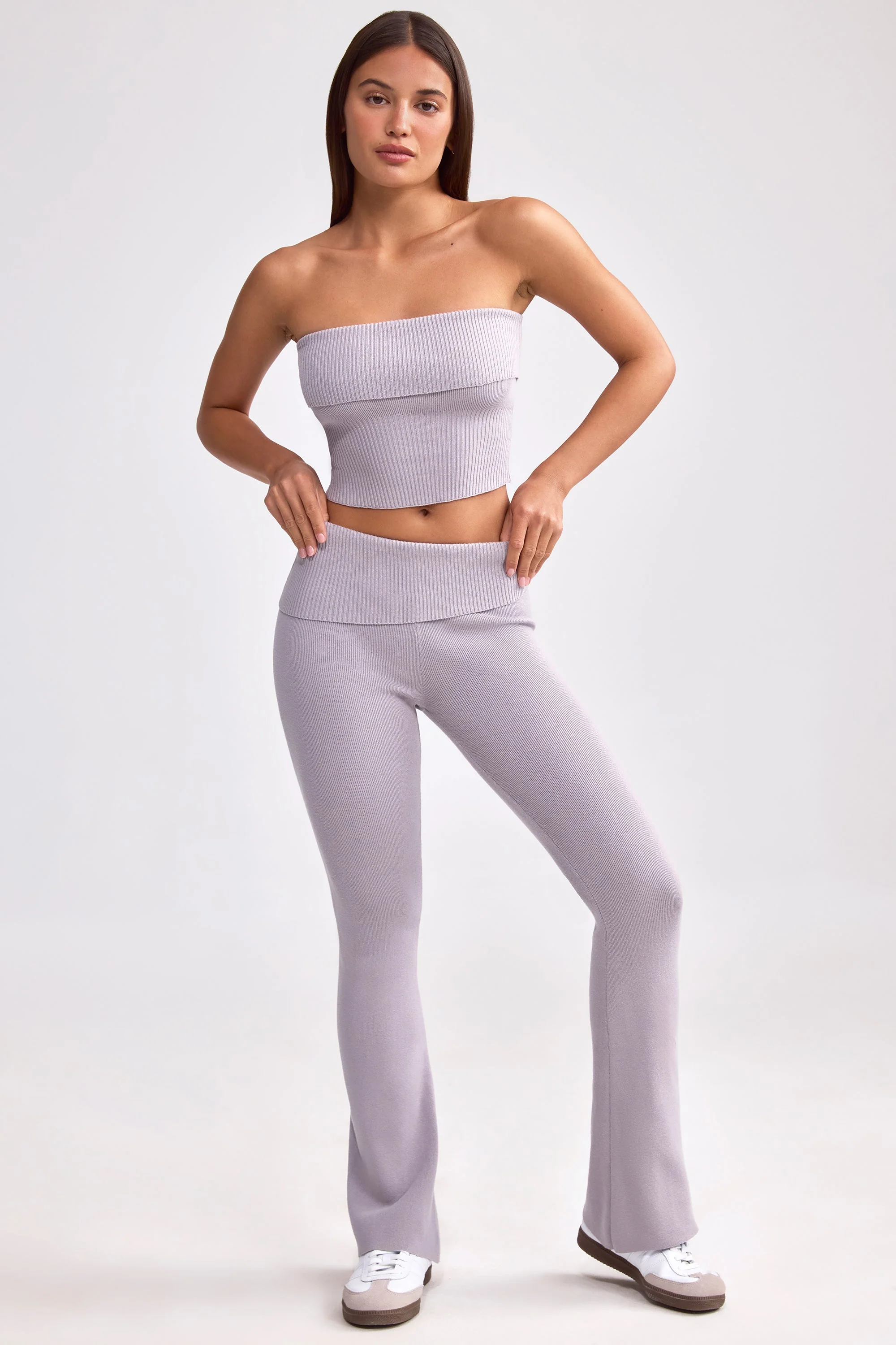 Chunky Knit Foldover Kick Flare Trousers in Dusty Lavender - Image 5