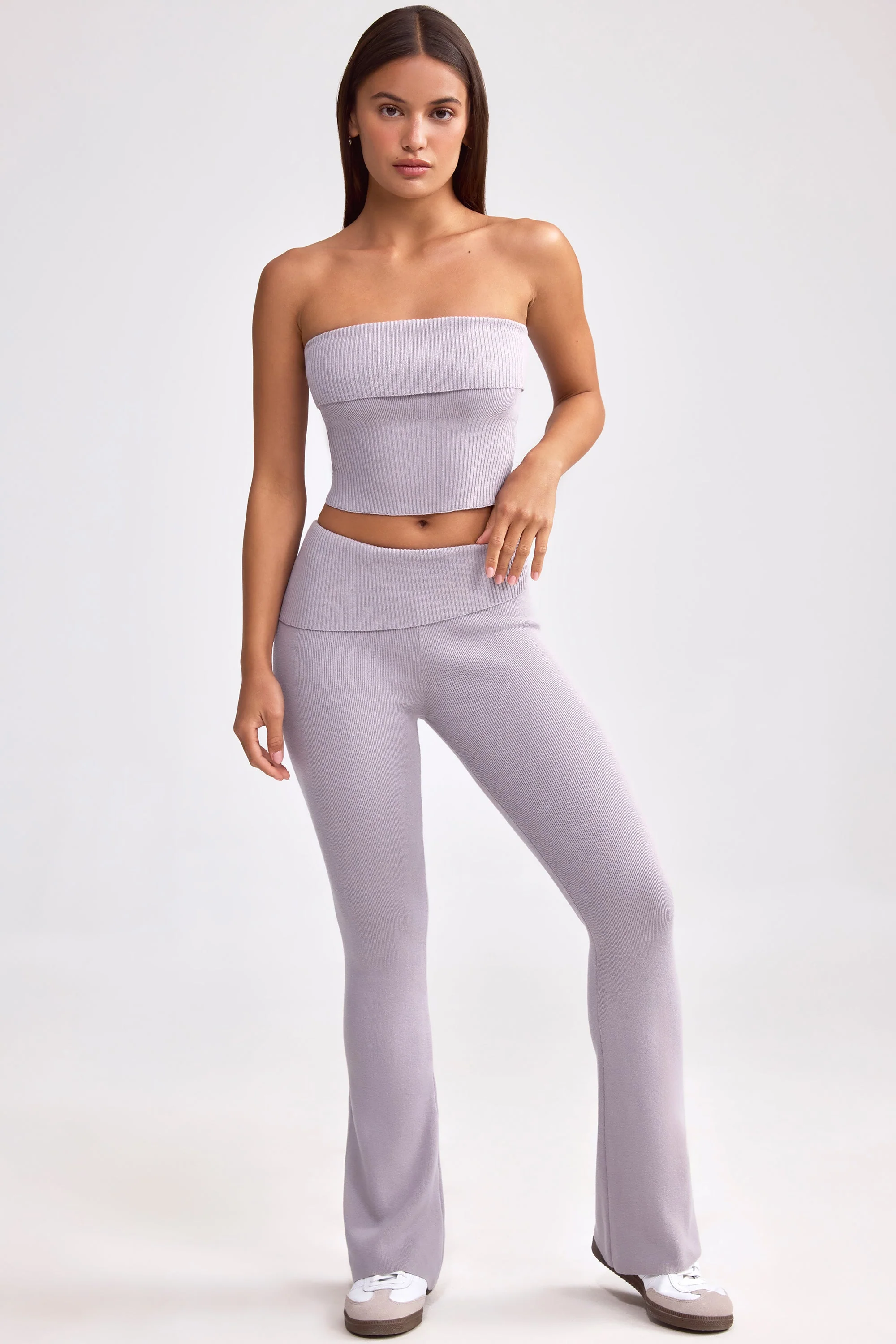 Chunky Knit Foldover Kick Flare Trousers in Dusty Lavender - Image 8