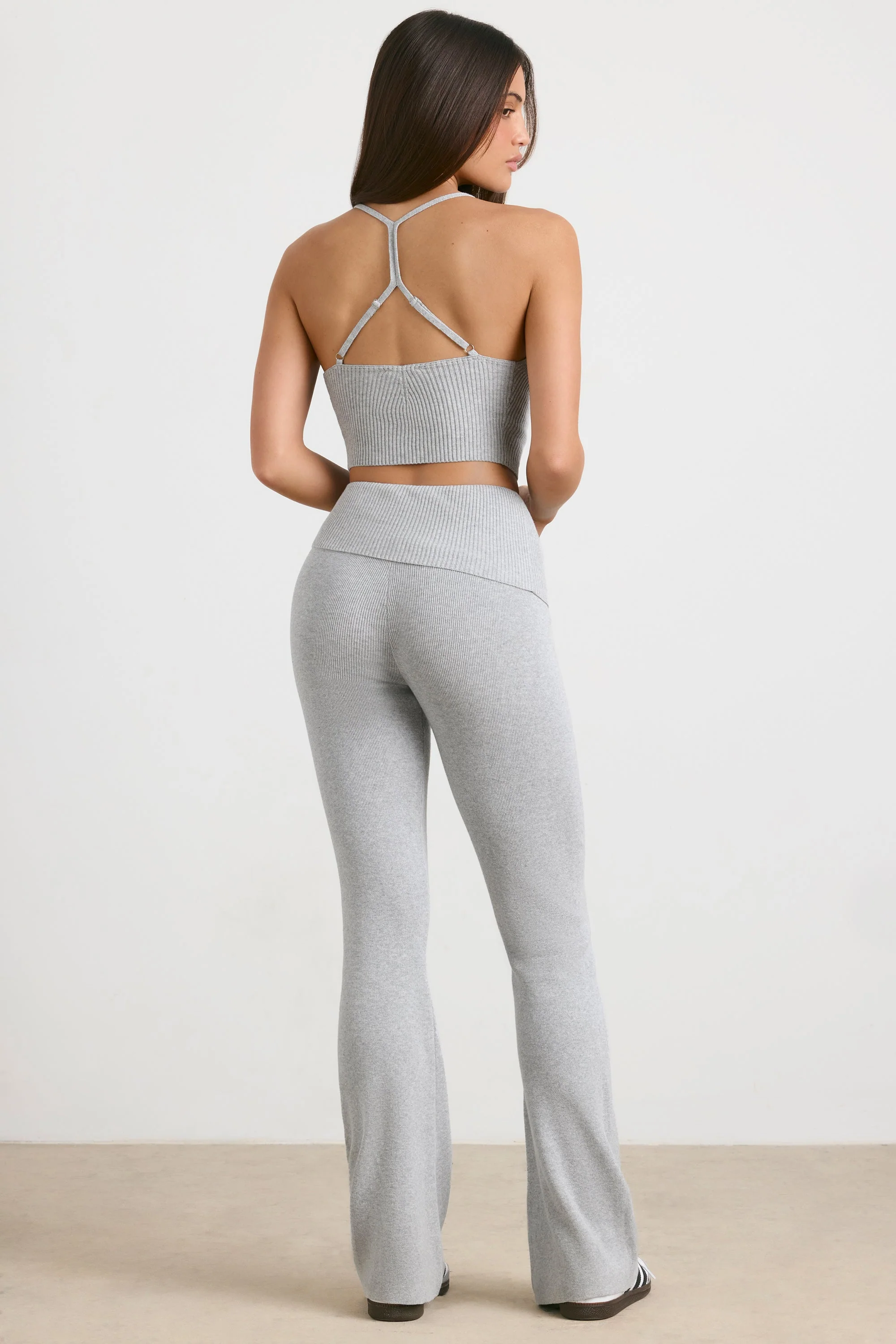 Chunky Knit Foldover Kick Flare Trousers in Grey Marl - Image 2