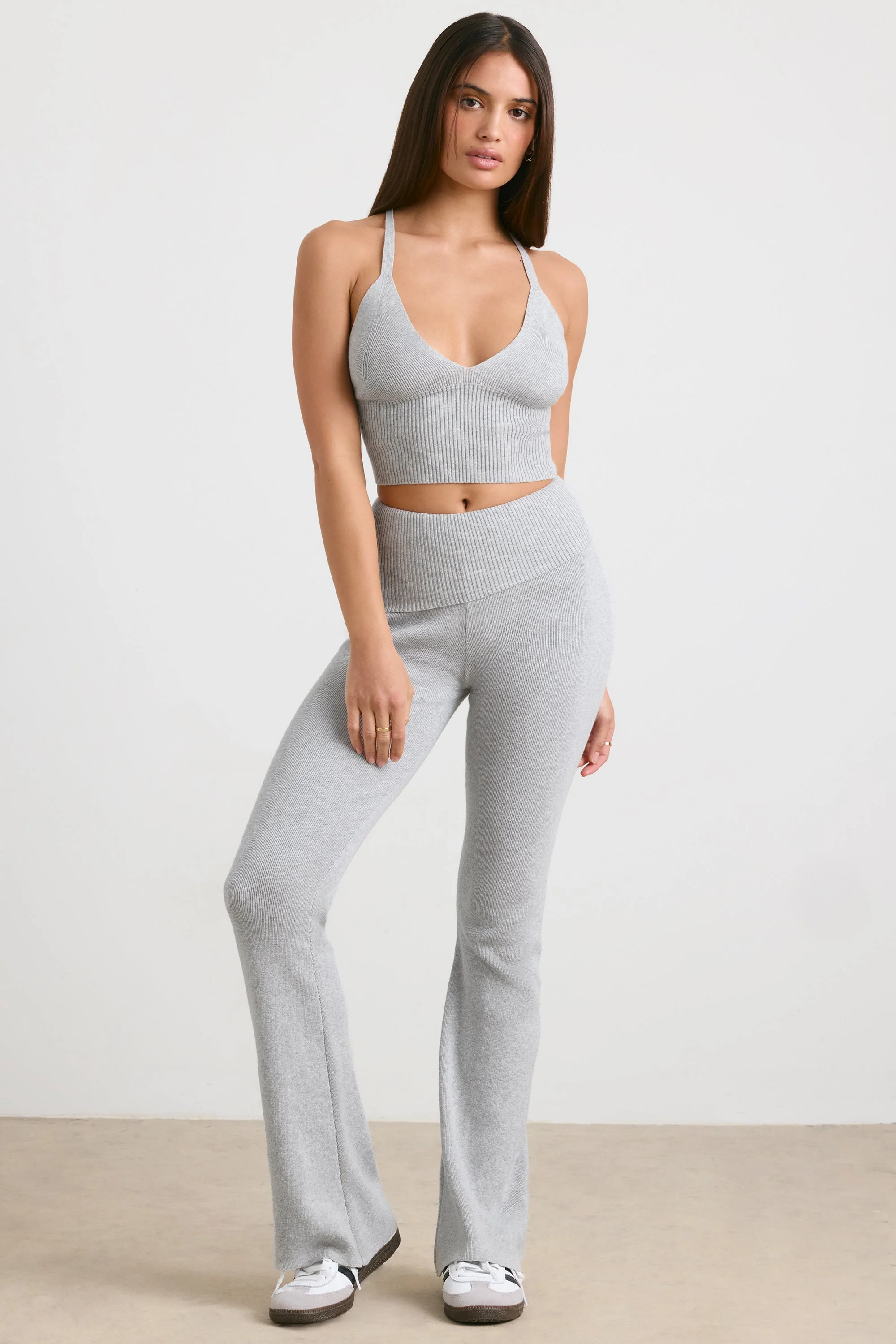 Chunky Knit Foldover Kick Flare Trousers in Grey Marl - Image 6