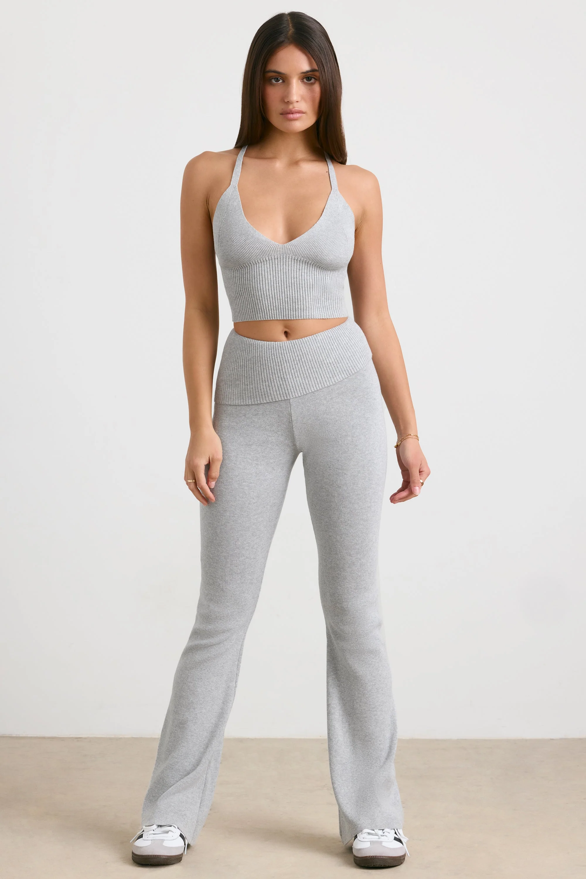 Chunky Knit Foldover Kick Flare Trousers in Grey Marl - Image 7