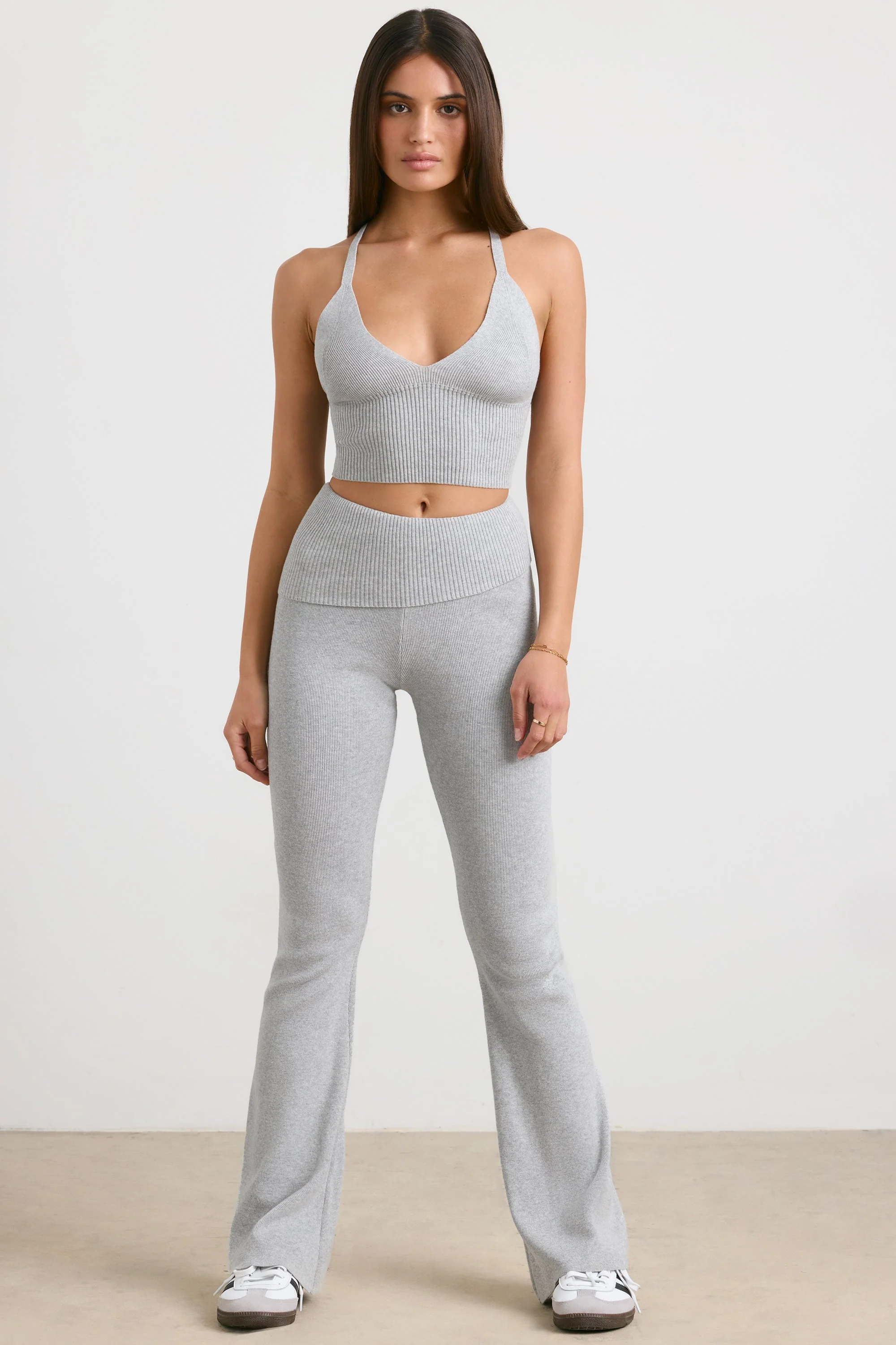 Chunky Knit Foldover Kick Flare Trousers in Grey Marl - Image 8
