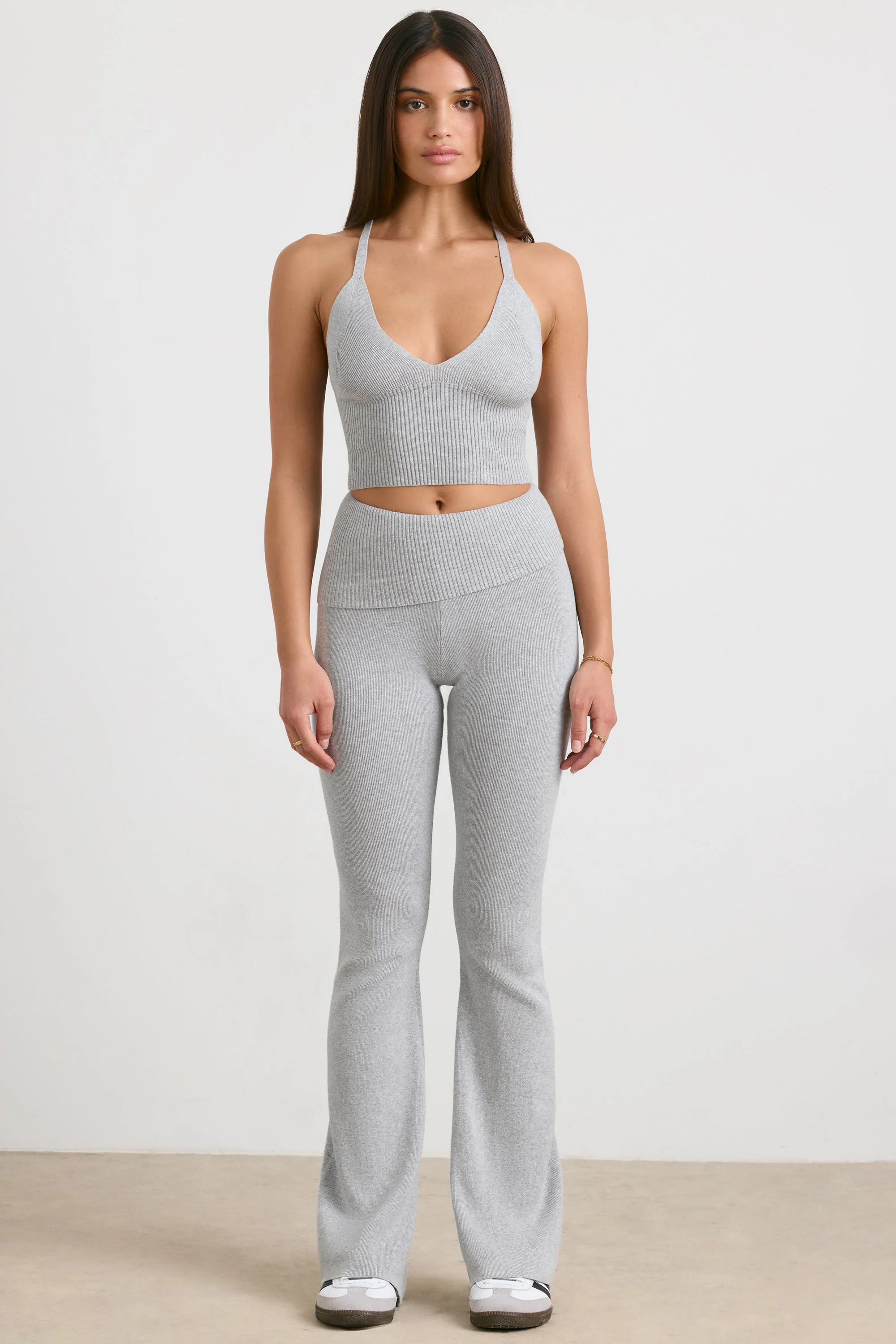 Chunky Knit Foldover Kick Flare Trousers in Grey Marl - Image 9