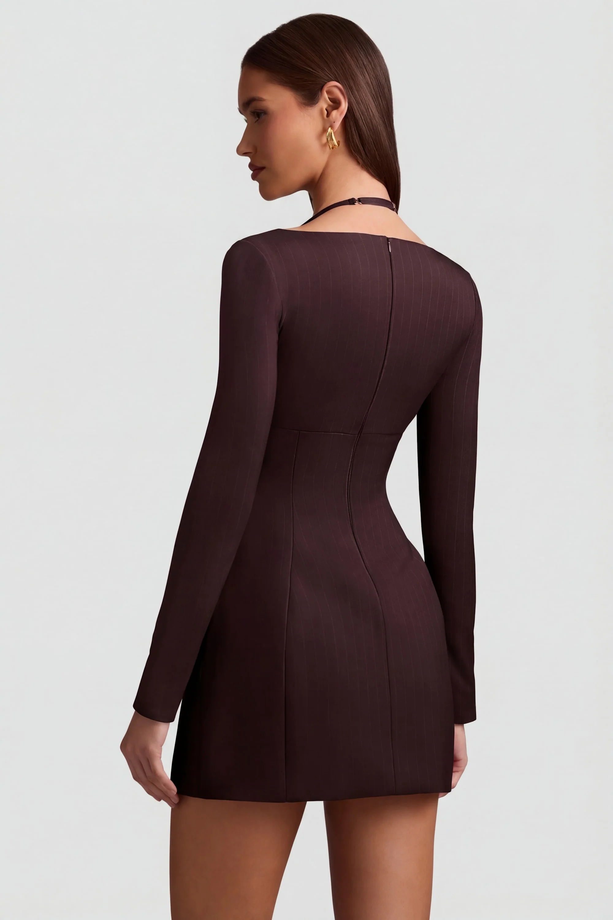 Pinstripe Structured A-Line Mini Dress in Chocolate Brown - Image 3