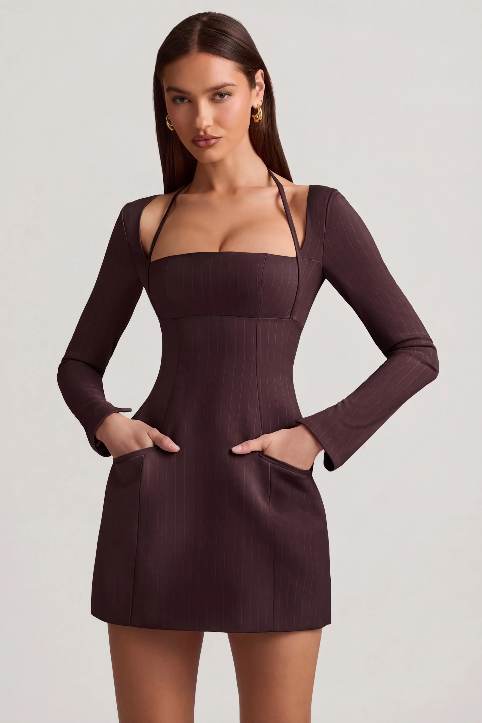 Pinstripe Structured A-Line Mini Dress in Chocolate Brown - Image 6