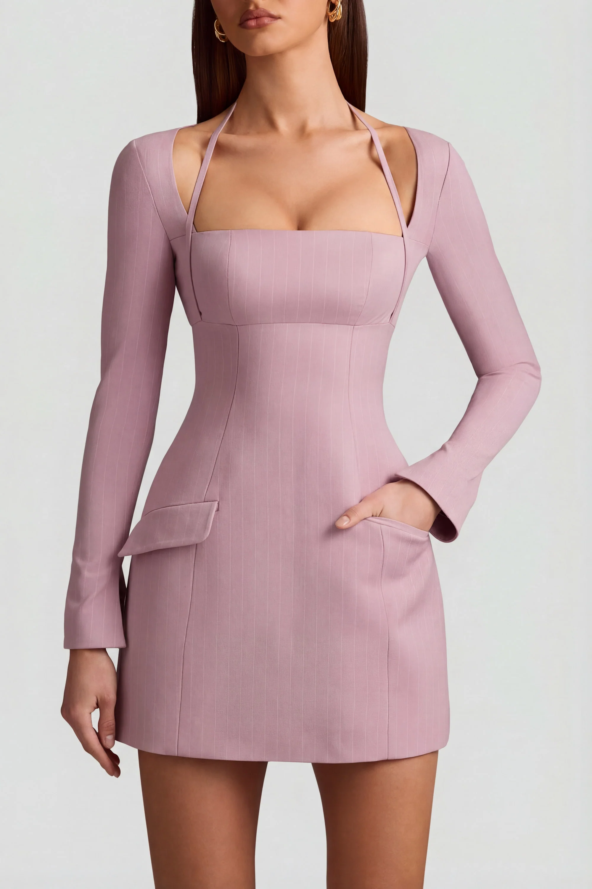 Pinstripe Structured A-Line Mini Dress in Mauve - Image 2
