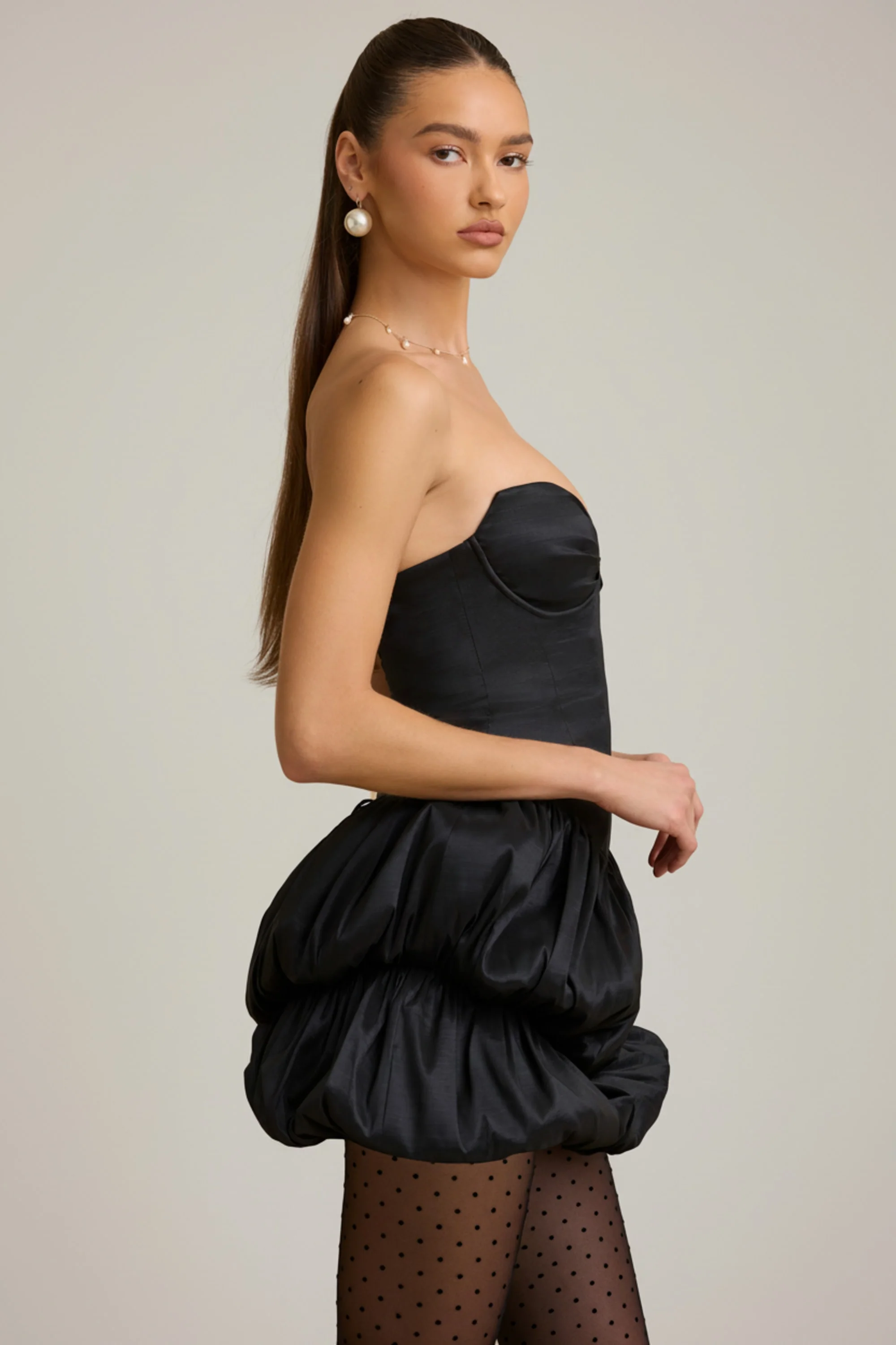Satin Bubble Hem Corset Mini Dress in Black - Image 3