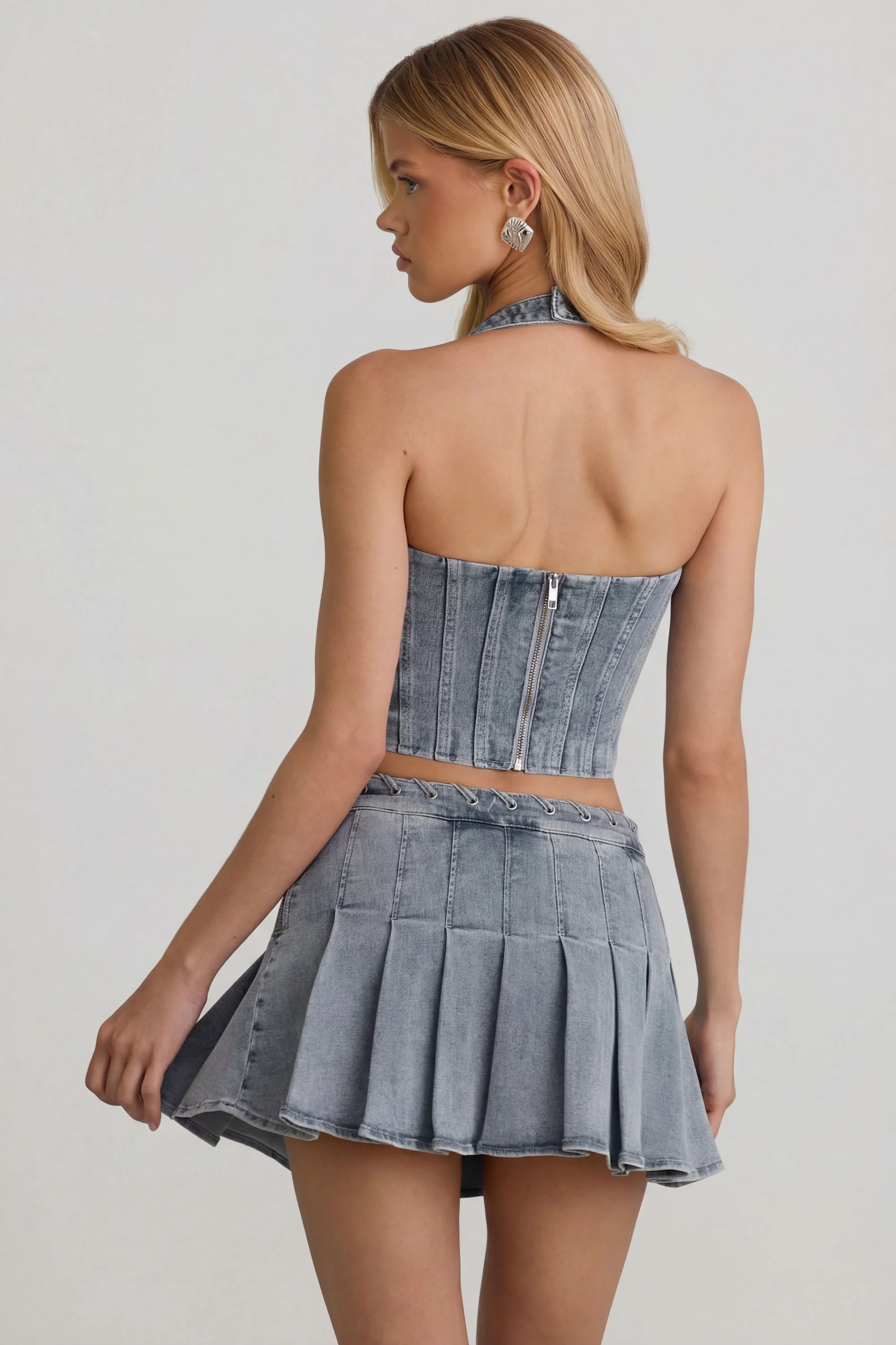 Low-Rise Pleated Mini Skirt in Light Blue - Image 3