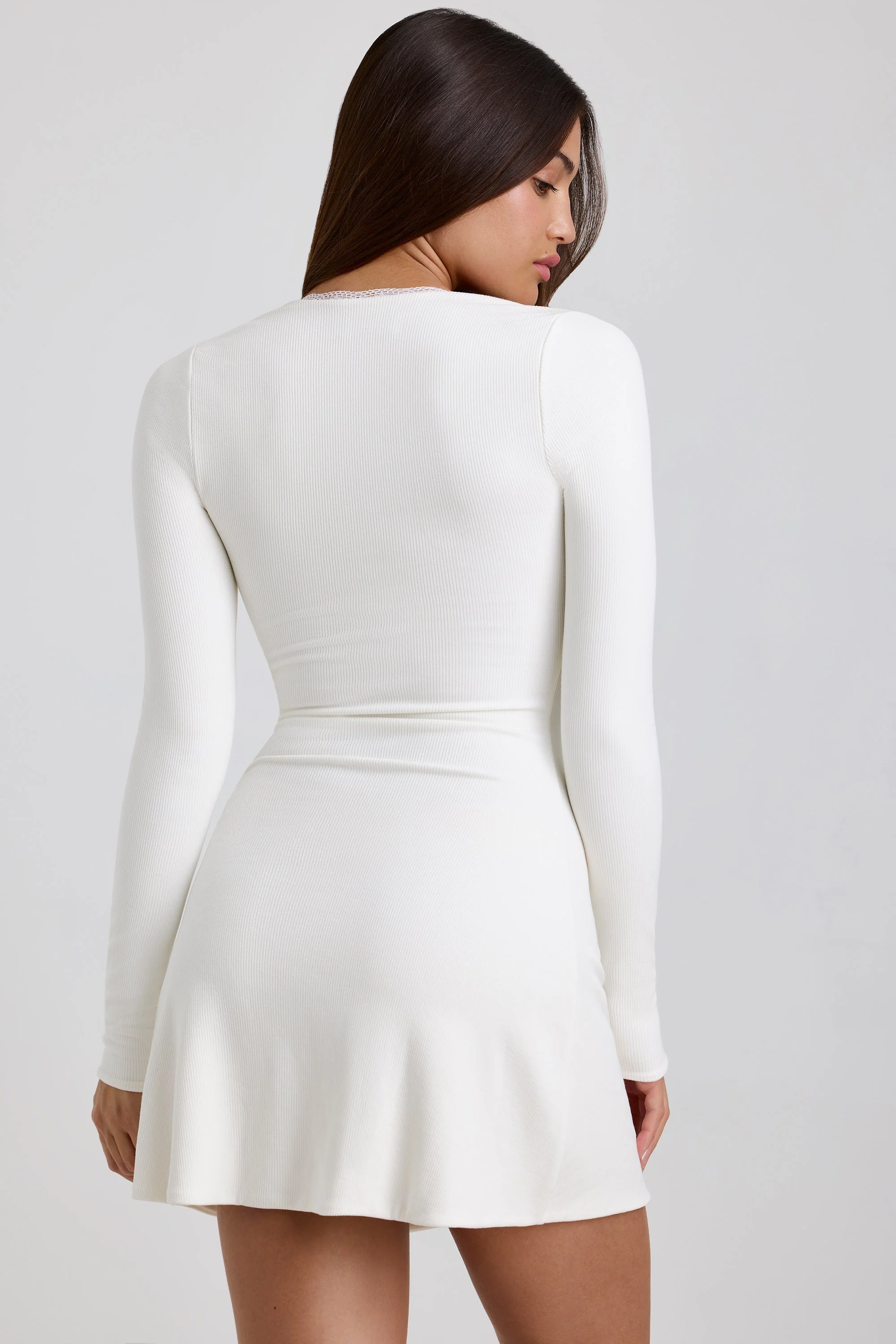 Ribbed Modal Lace-Trim Mini Dress in White - Image 2