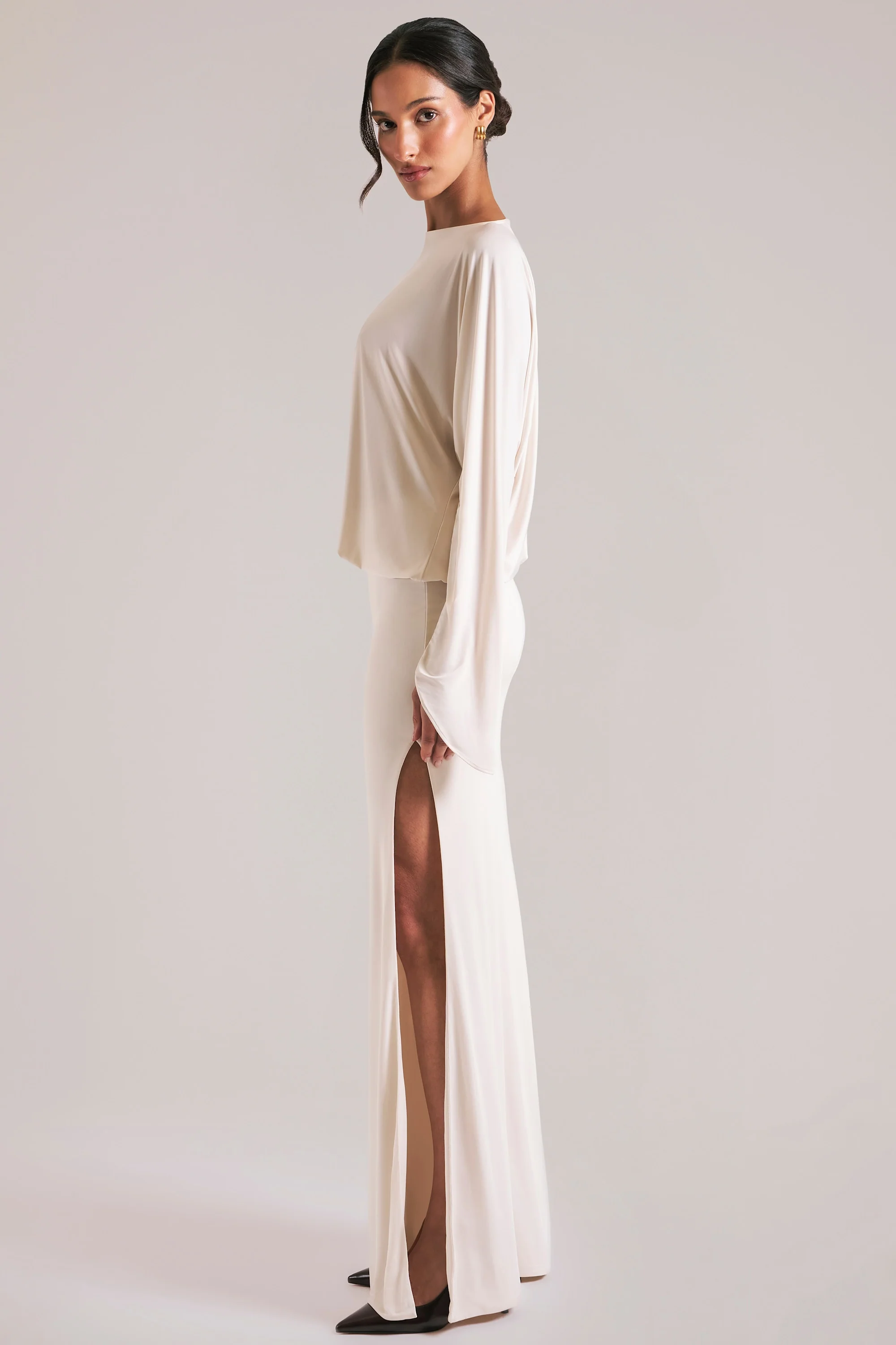 Long-Sleeve Draped Maxi Dress in Vanilla - Image 3