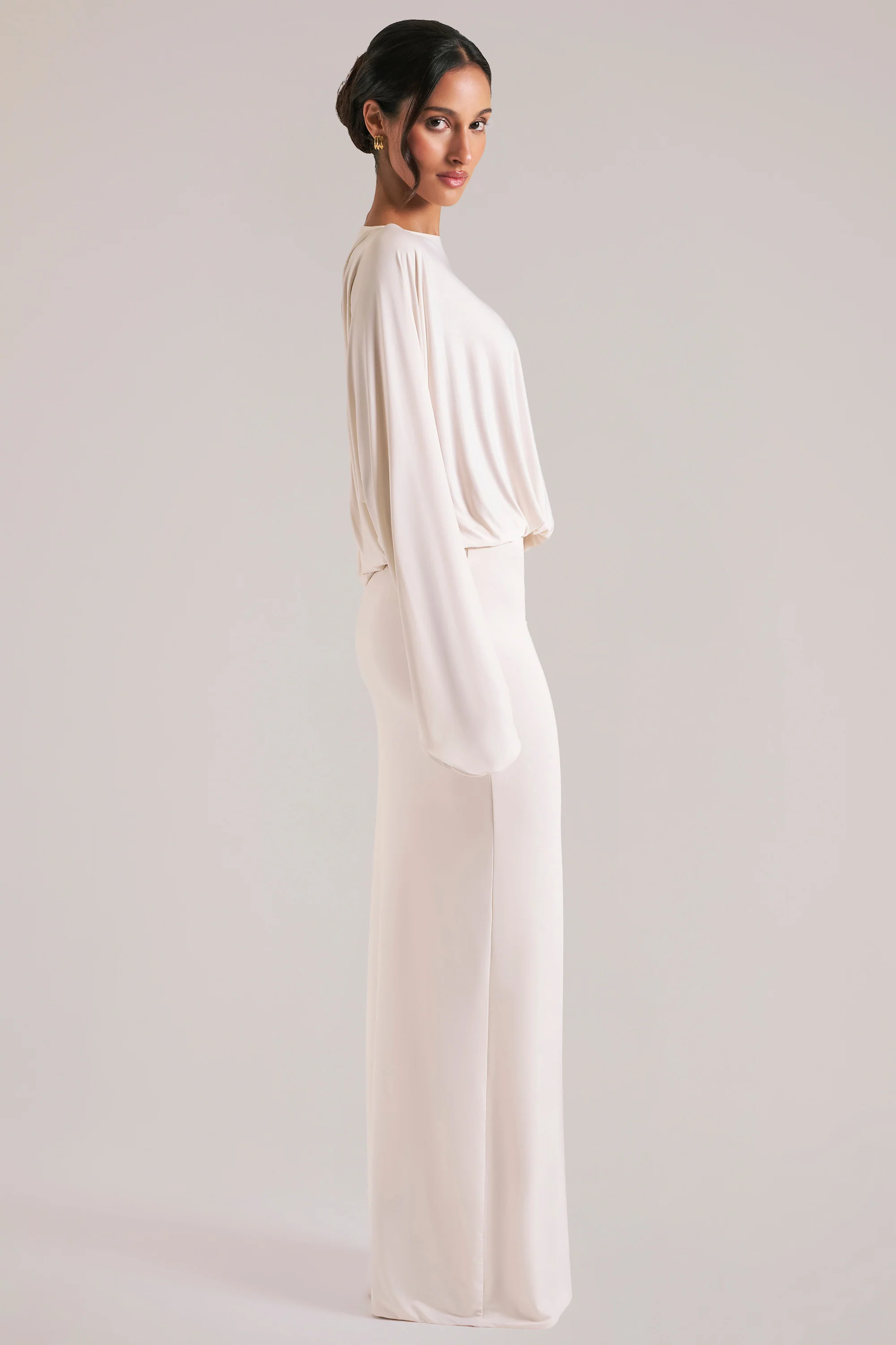Long-Sleeve Draped Maxi Dress in Vanilla - Image 4
