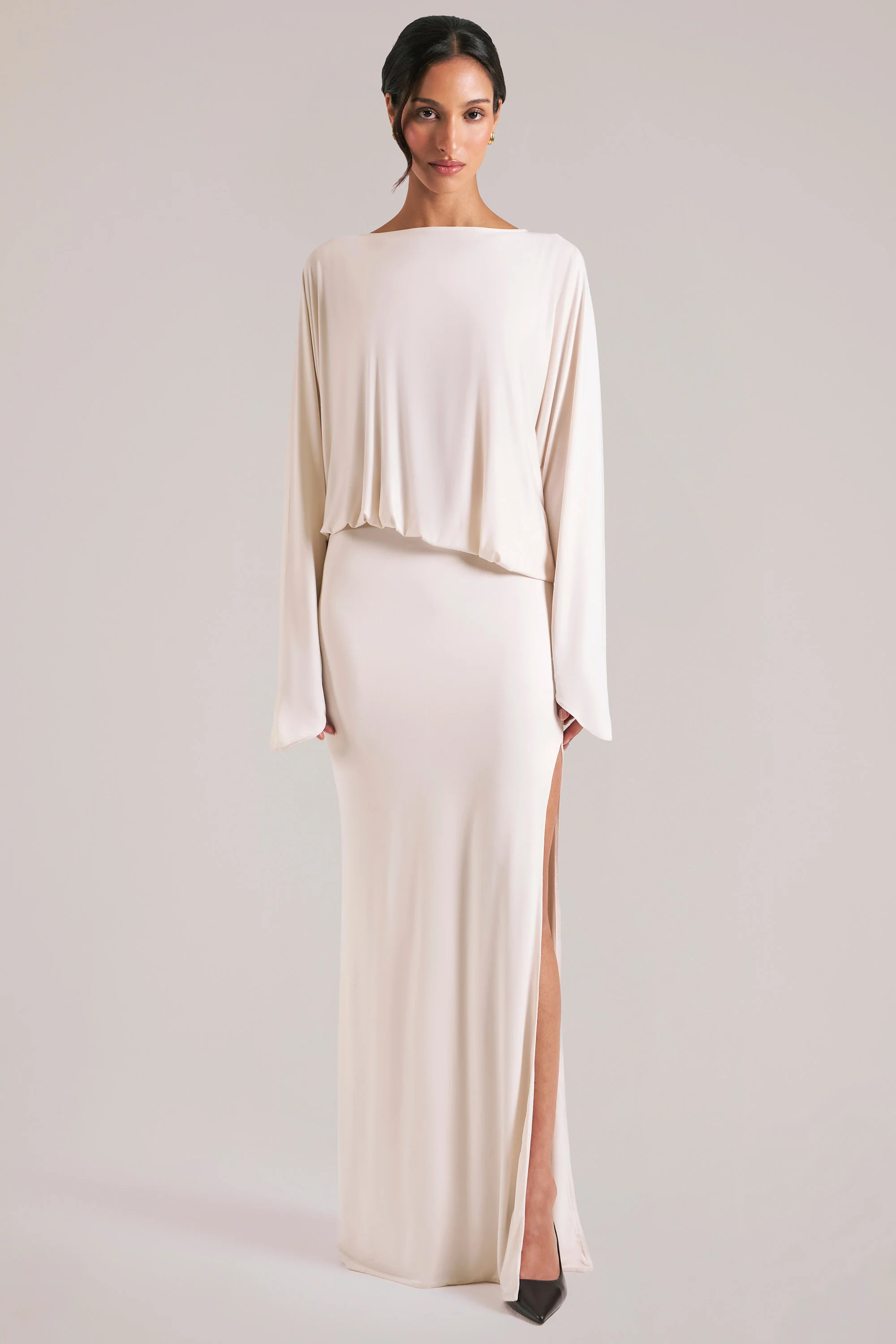 Long-Sleeve Draped Maxi Dress in Vanilla - Image 6