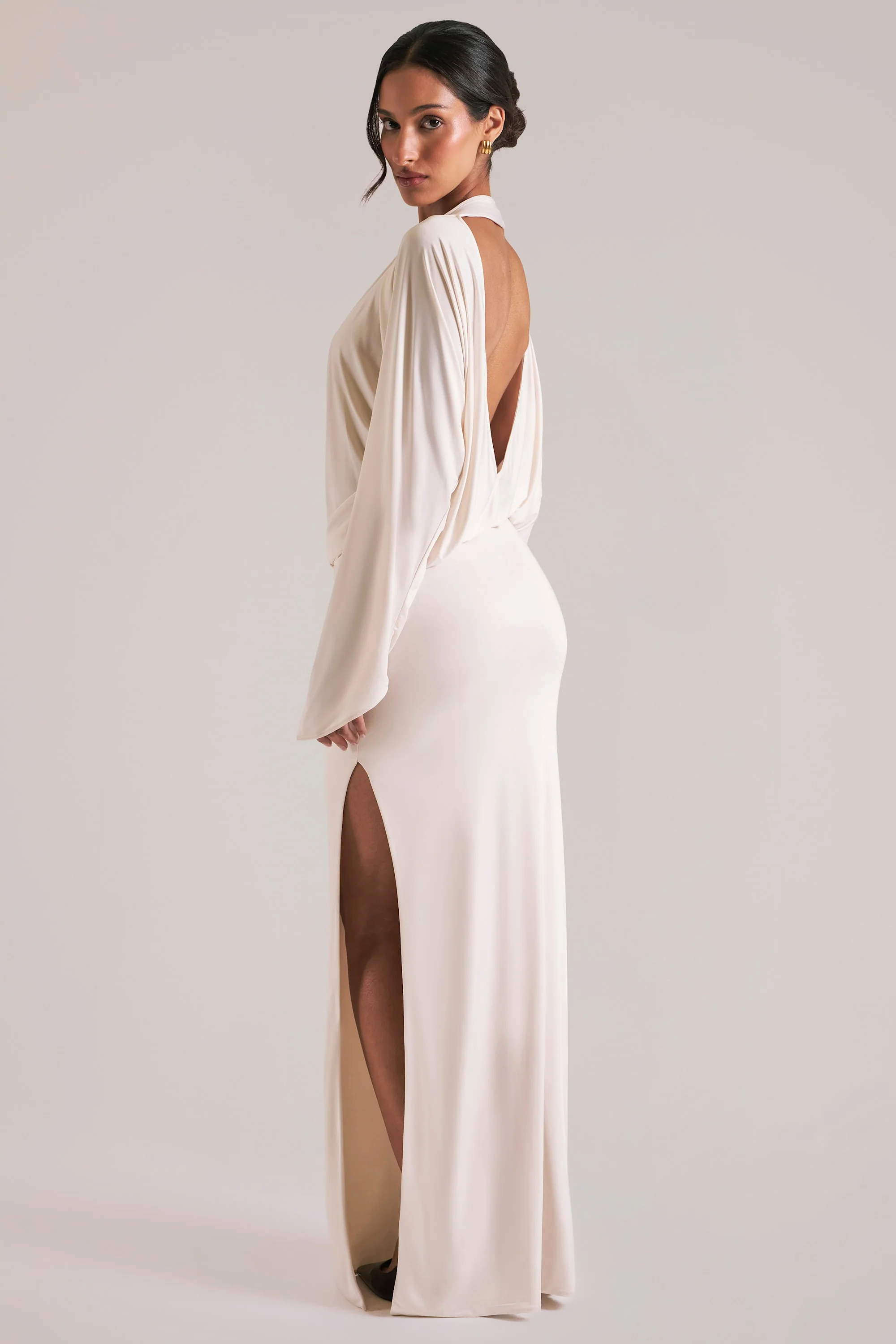 Long-Sleeve Draped Maxi Dress in Vanilla - Image 7