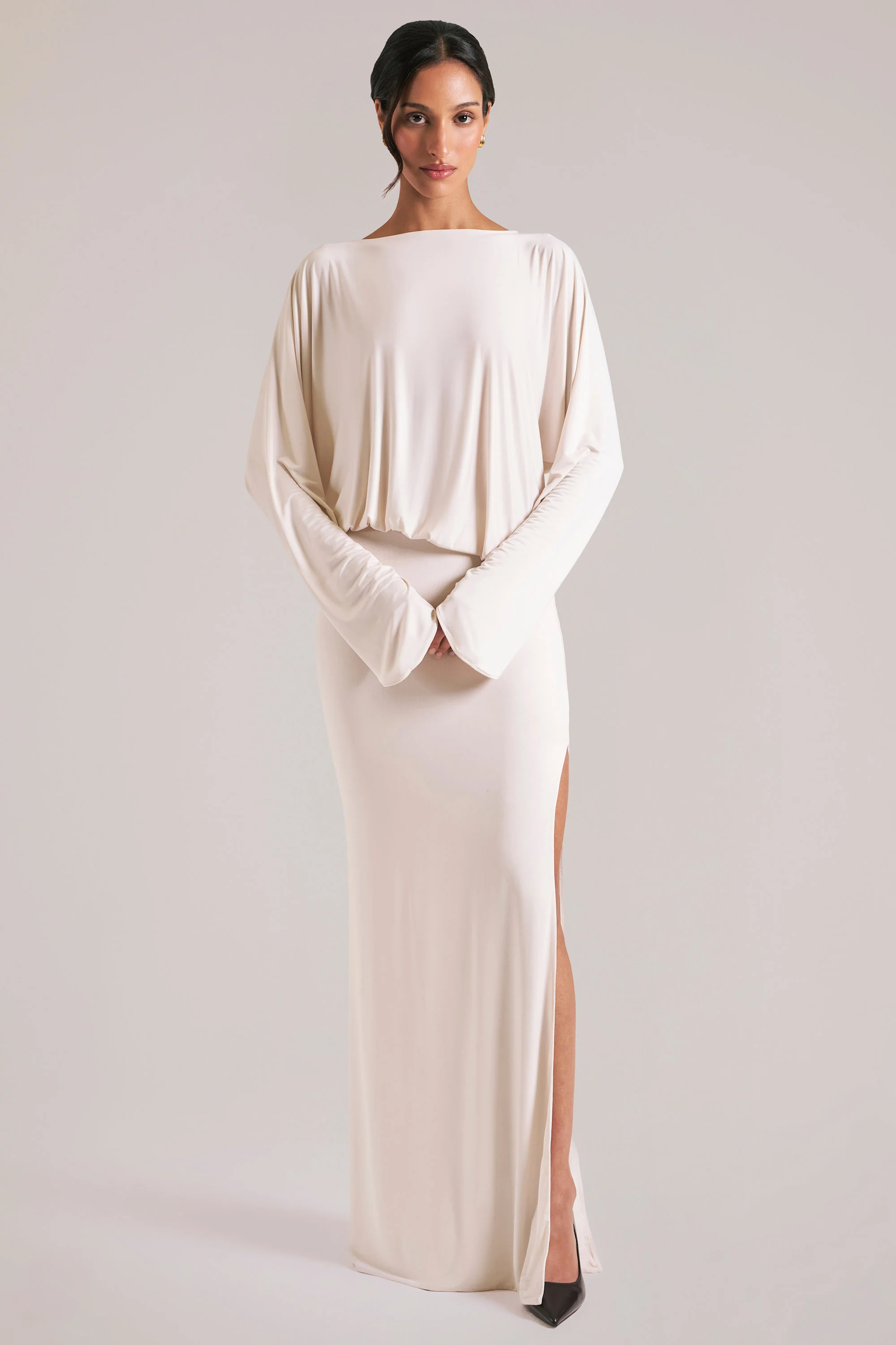 Long-Sleeve Draped Maxi Dress in Vanilla - Image 8
