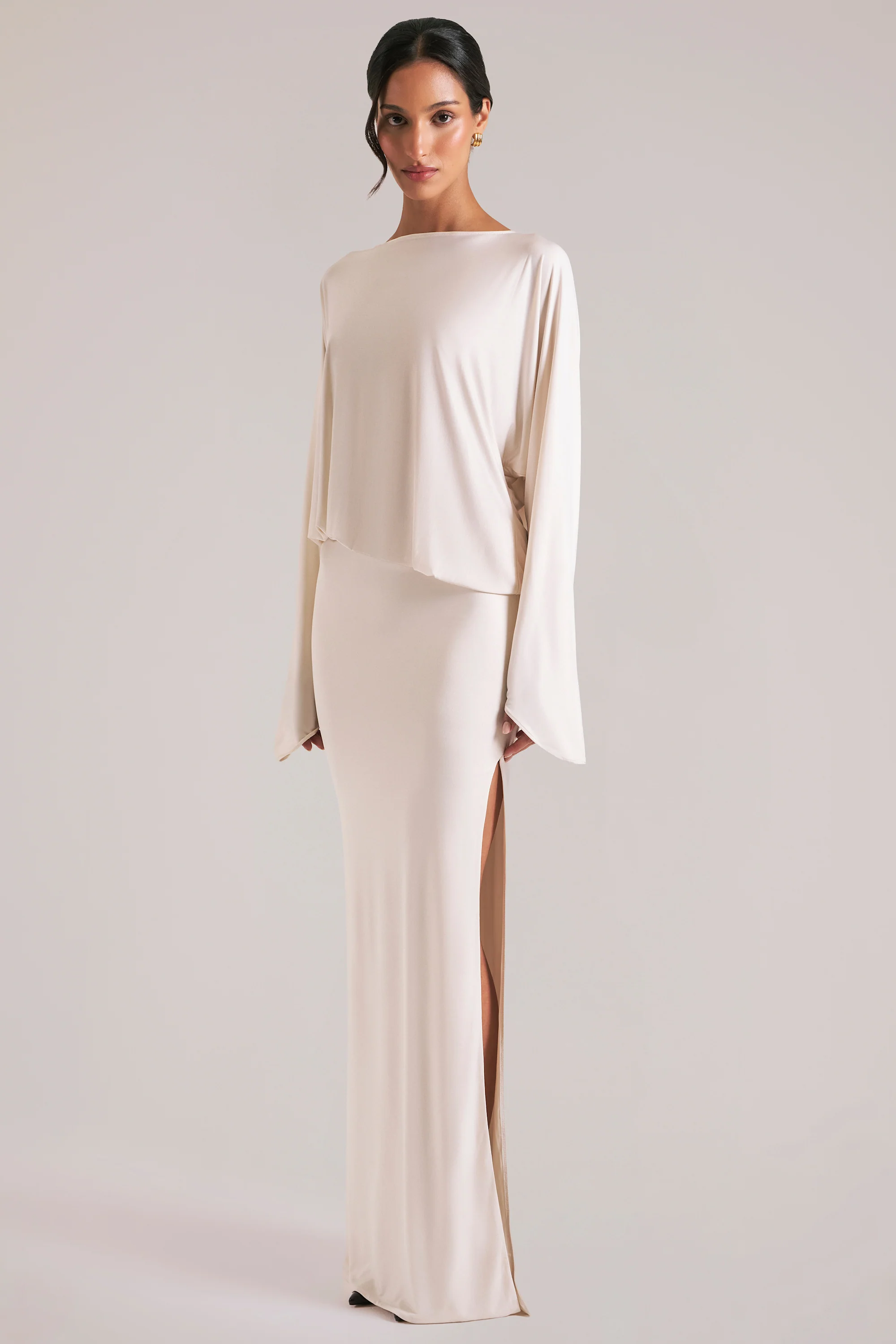 Long-Sleeve Draped Maxi Dress in Vanilla - Image 9