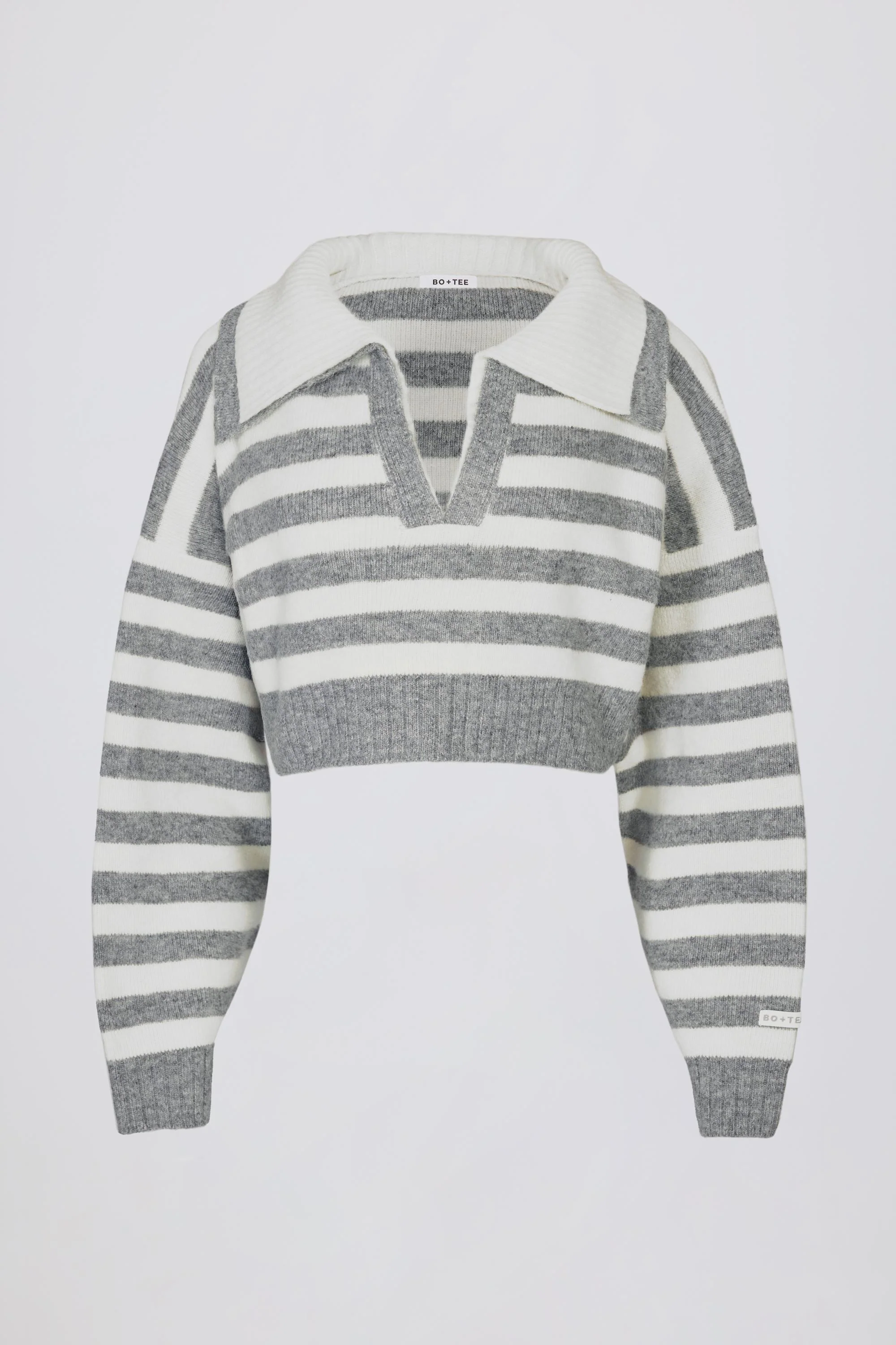 Soft Knit Layered Collar Cropped Jumper in Grey Stripe - Image 3