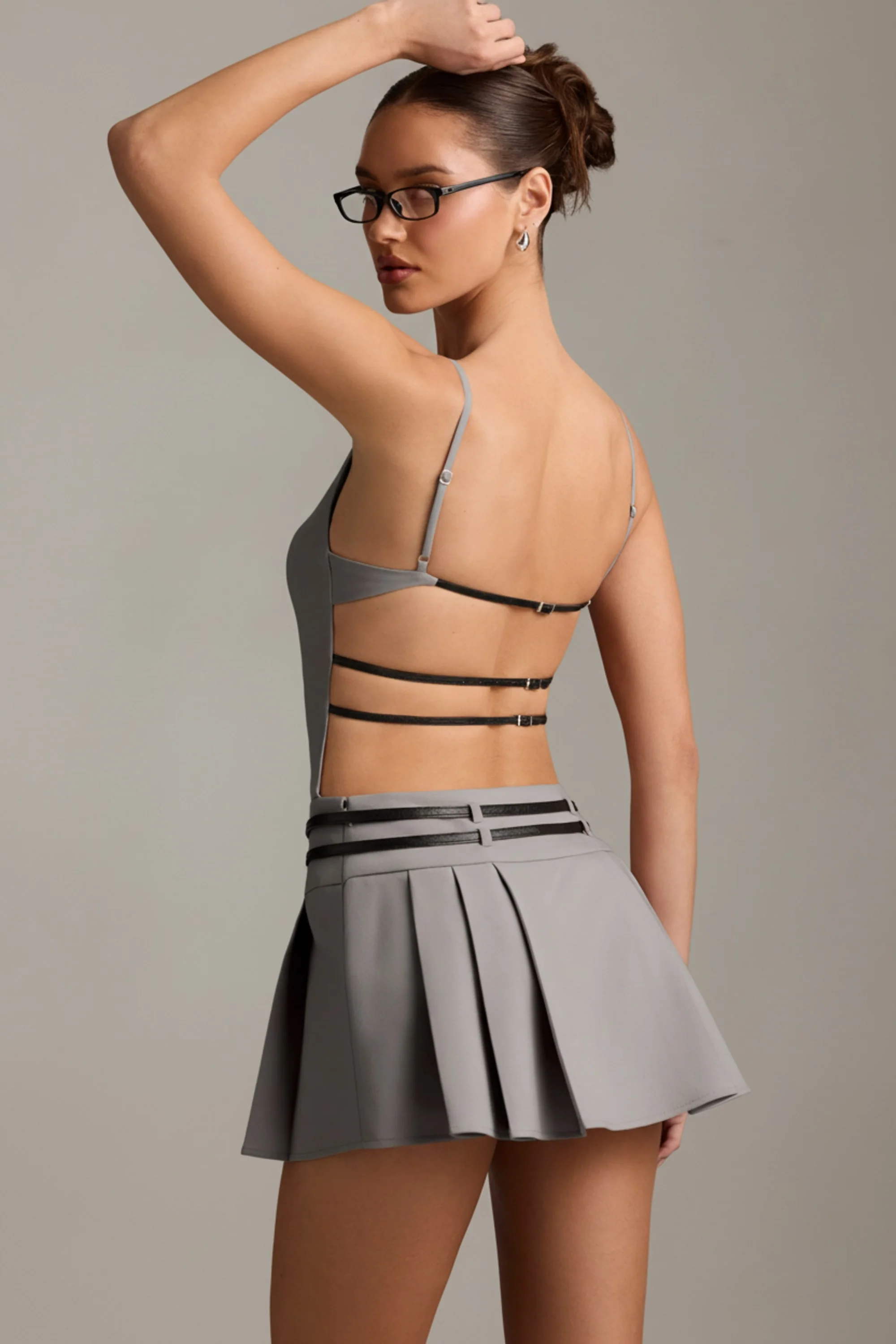Belted Backless Pleated Mini Dress in Grey - Image 2