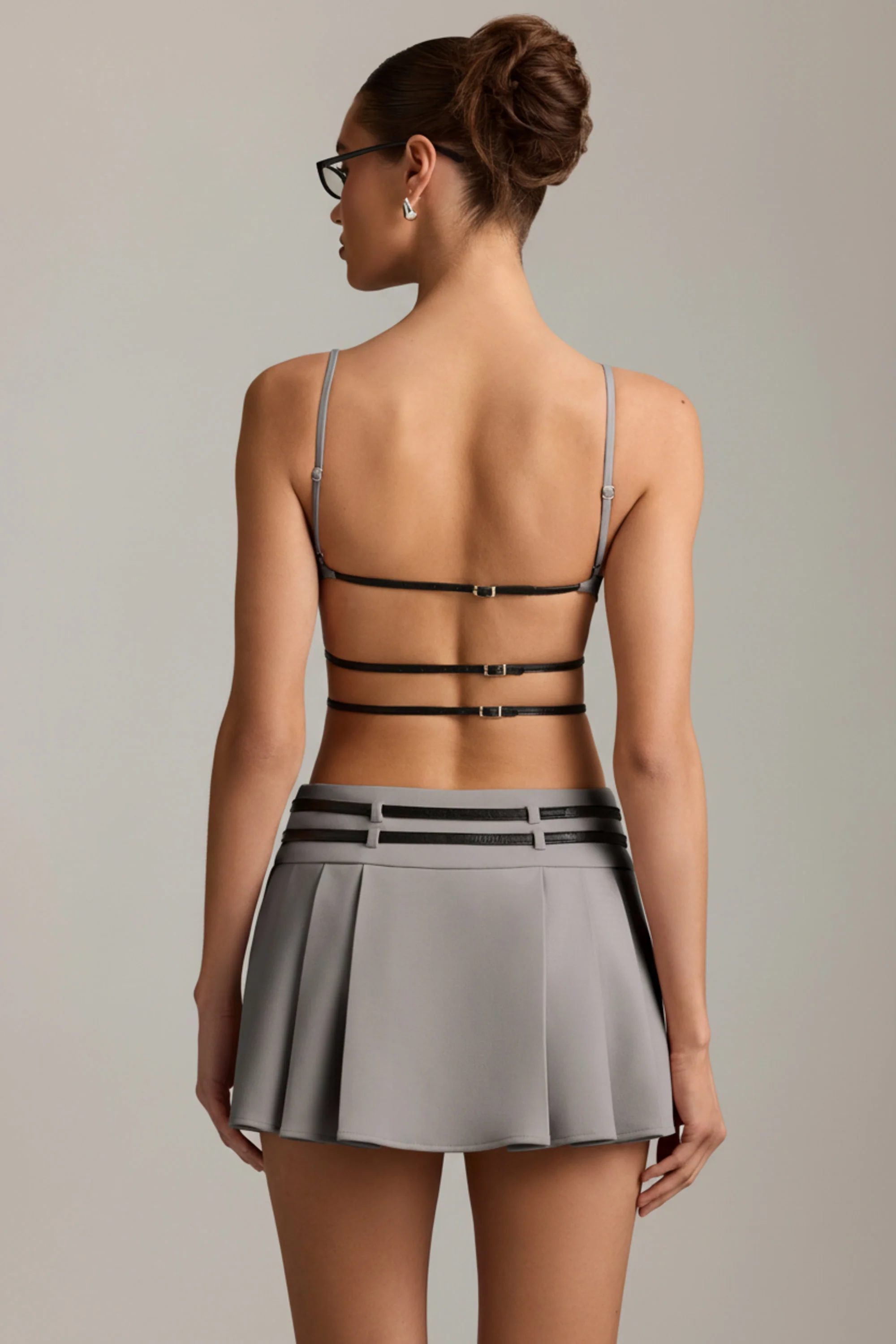 Belted Backless Pleated Mini Dress in Grey - Image 7