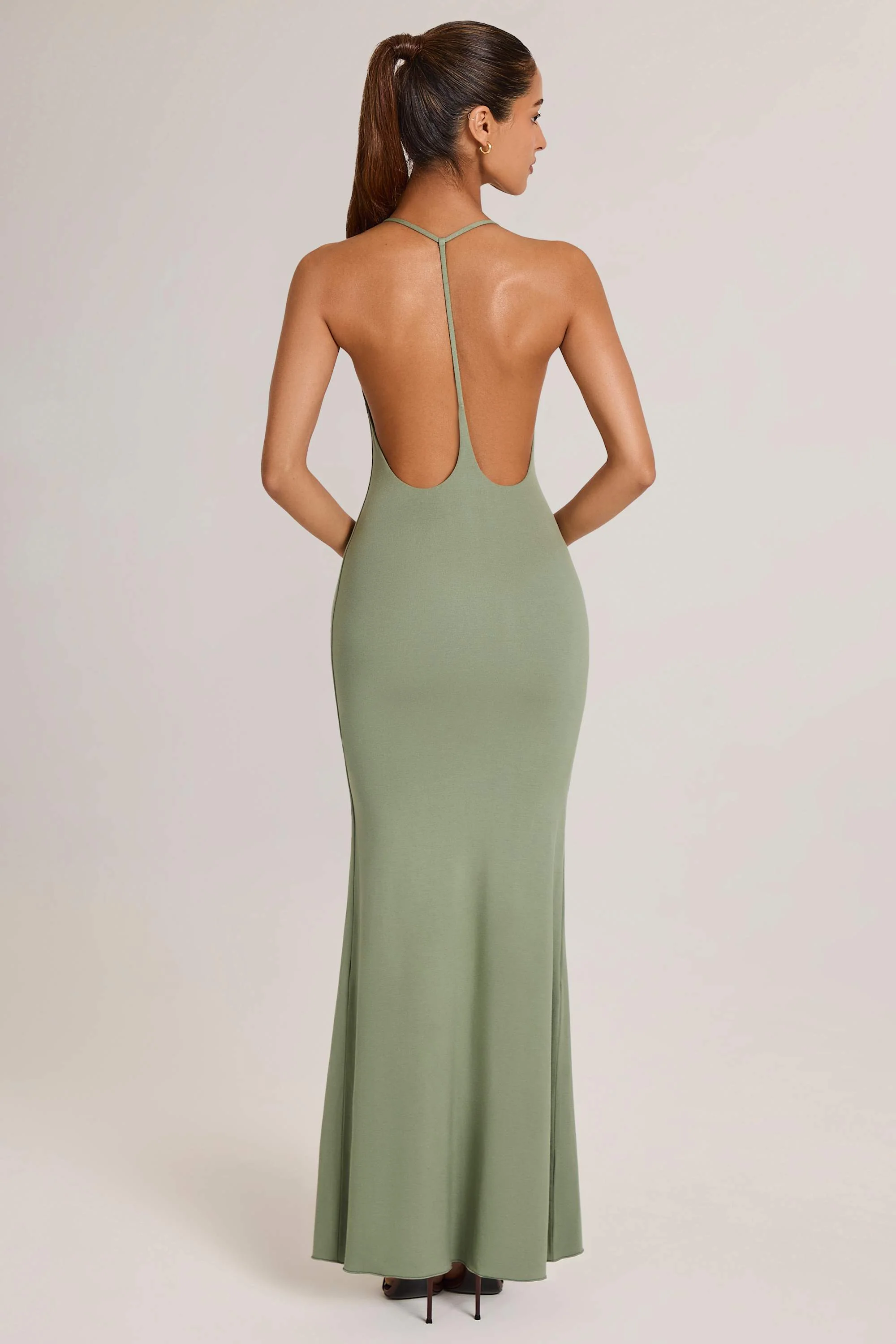 Modal Plunge Backless Maxi Dress in Sage Green - Image 5