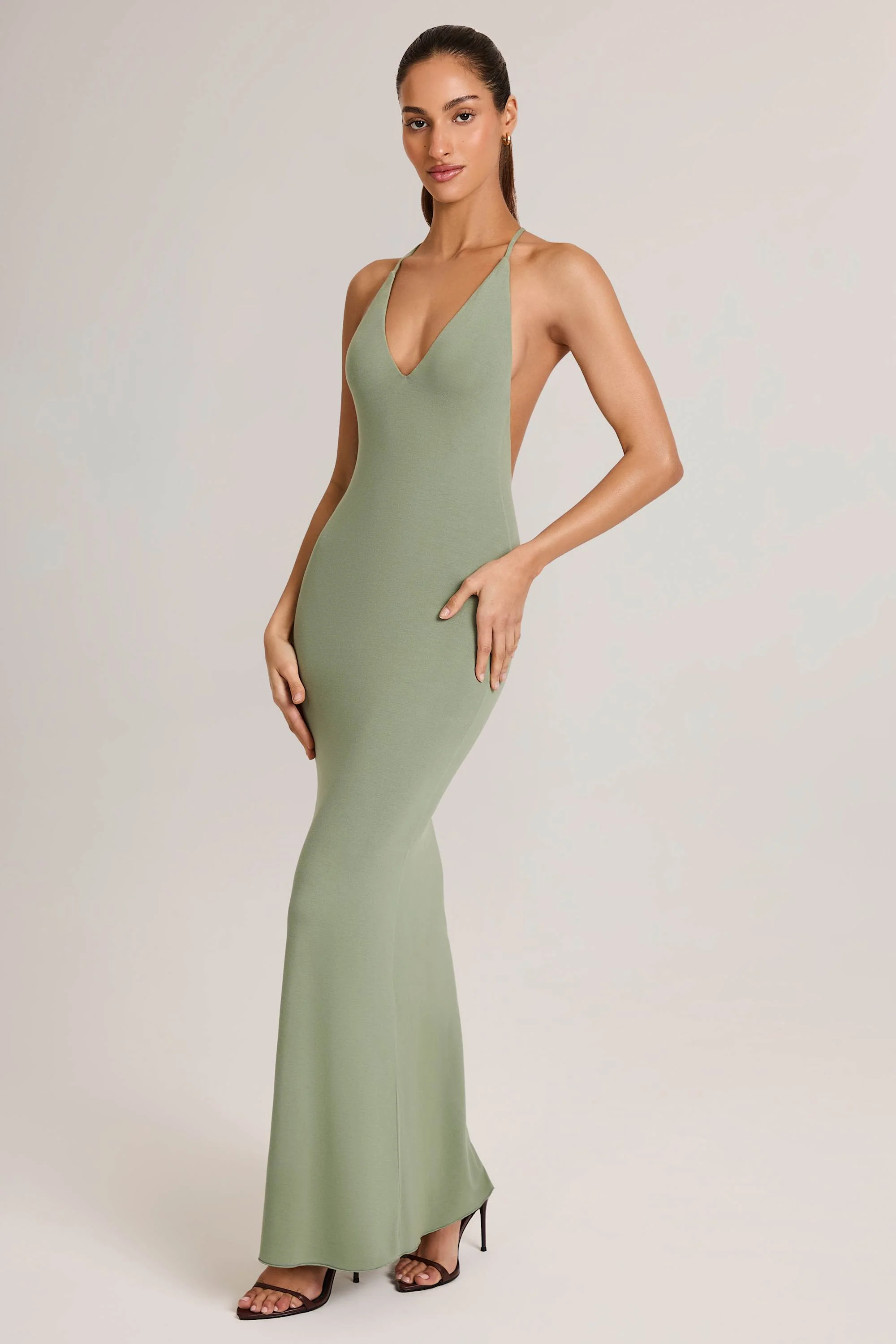 Modal Plunge Backless Maxi Dress in Sage Green - Image 6