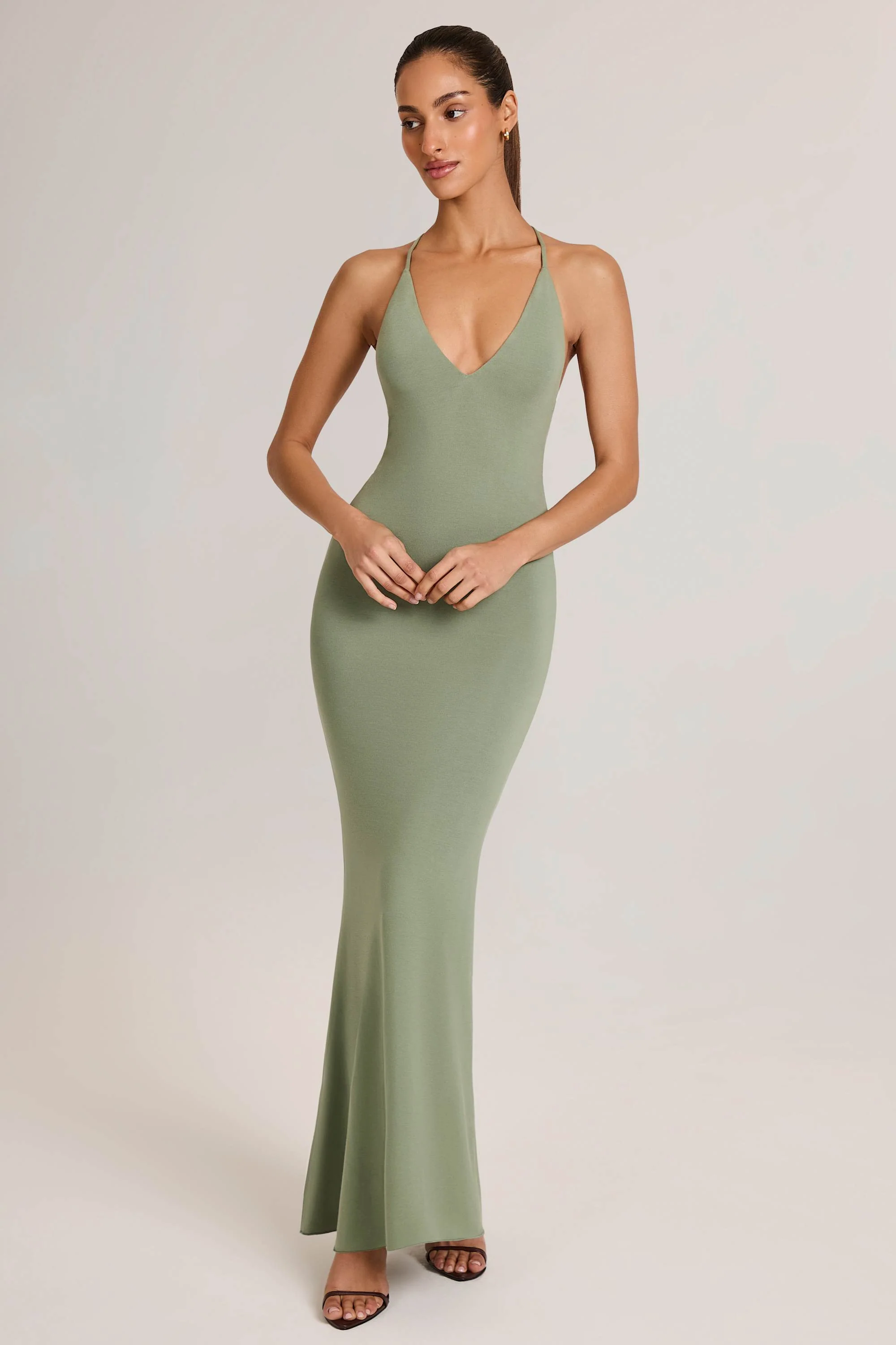 Modal Plunge Backless Maxi Dress in Sage Green - Image 7
