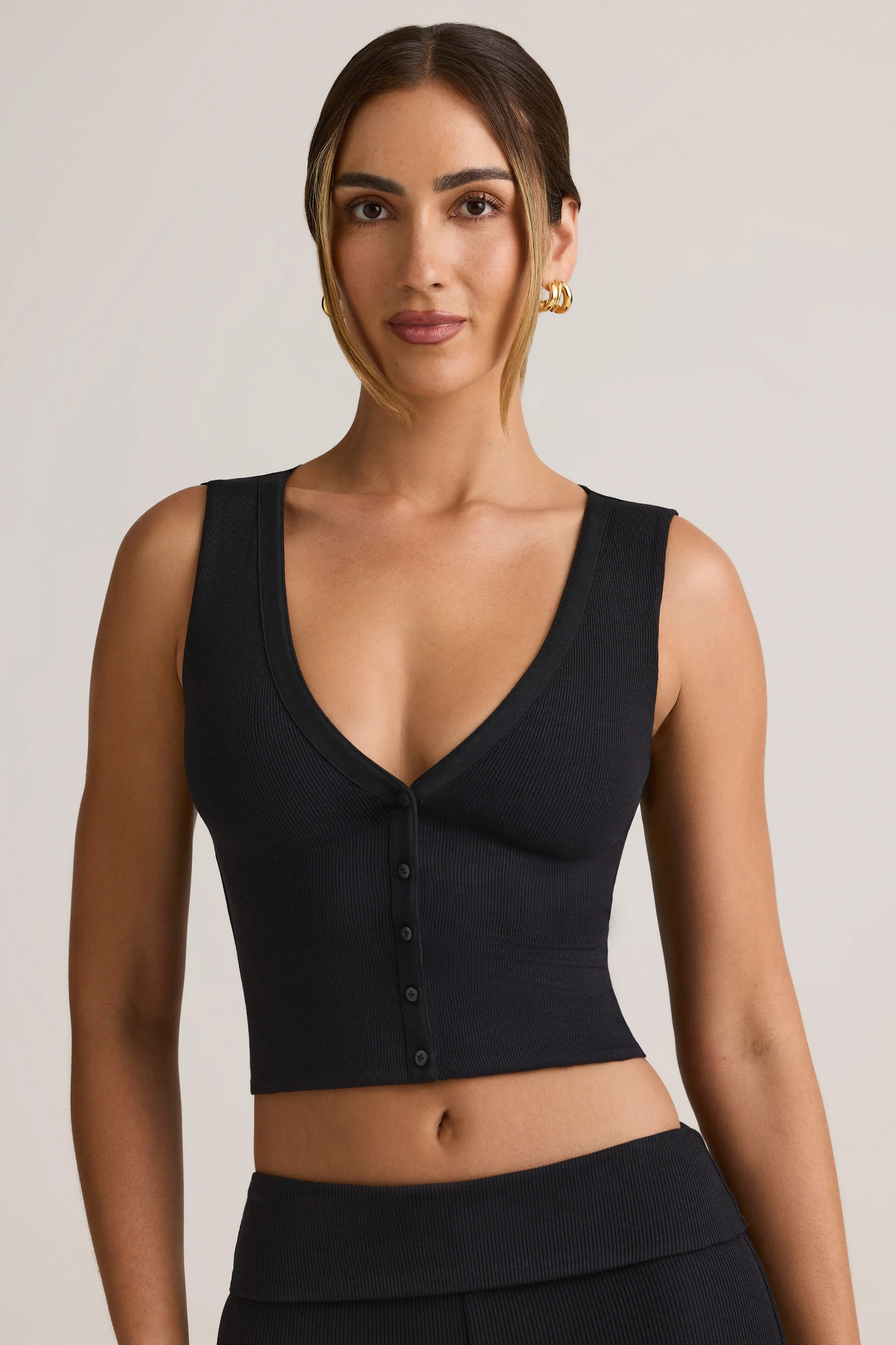 Modal Ribbed Button-Up Vest Top in Black - Image 5