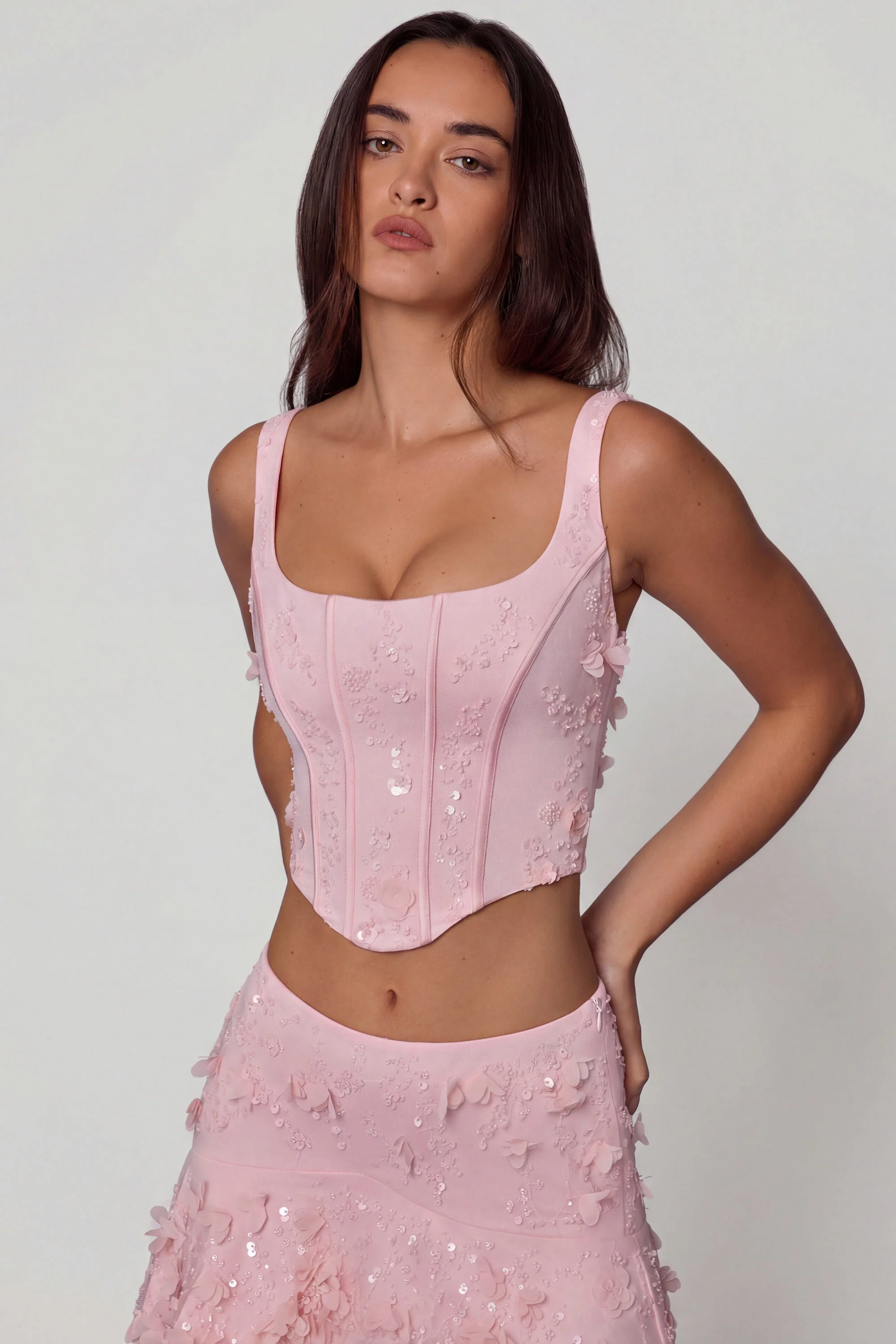 Embellished Lace-Up Corset Top in Soft Pink - Image 8
