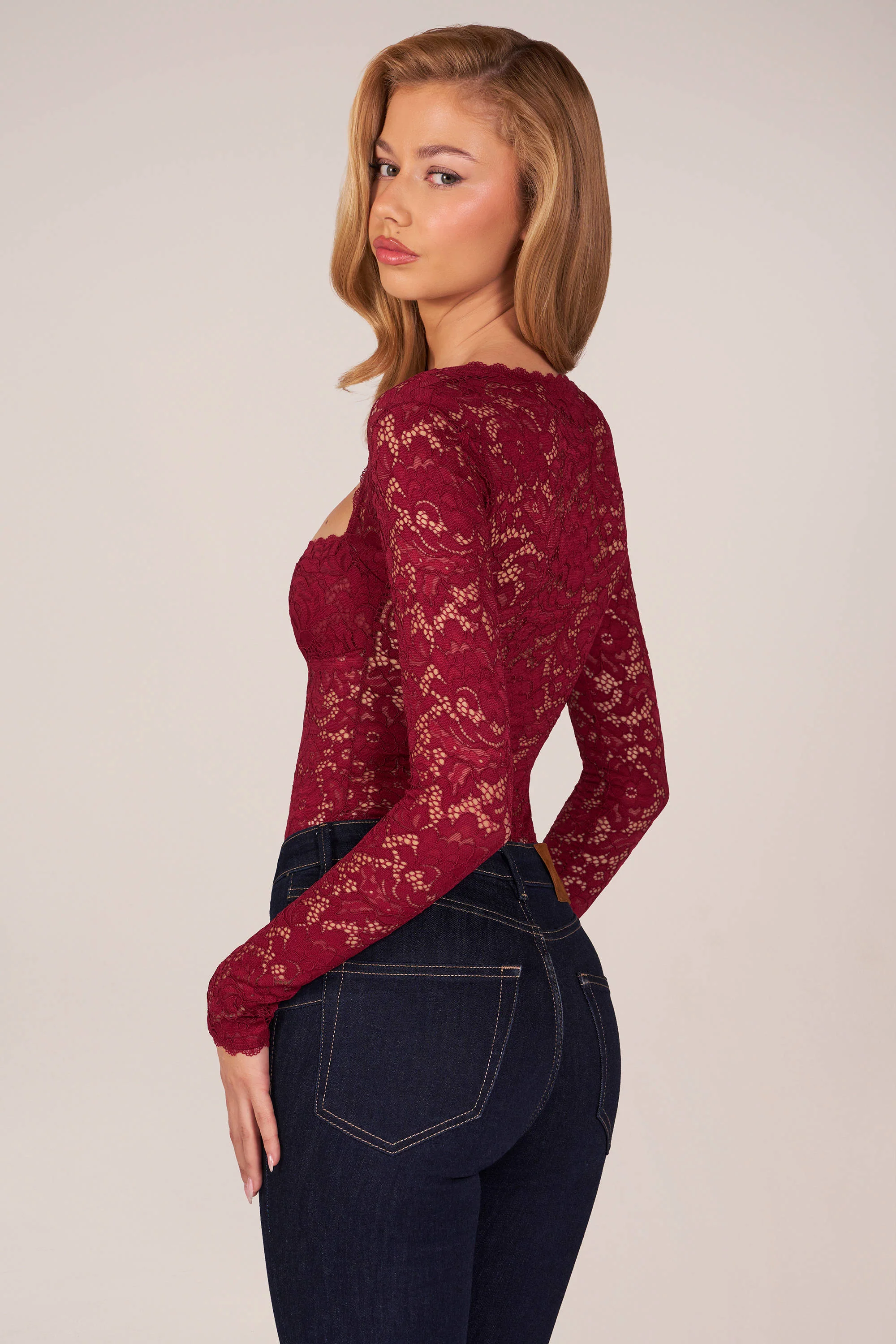 Long-Sleeve Laced Bodysuit in Wine - Image 8