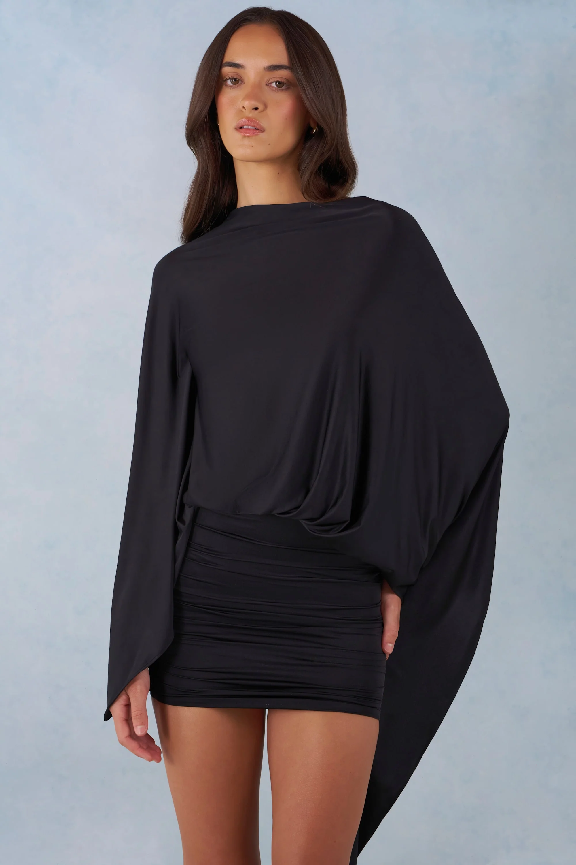 Draped Cape Mini Dress in Black - Image 5