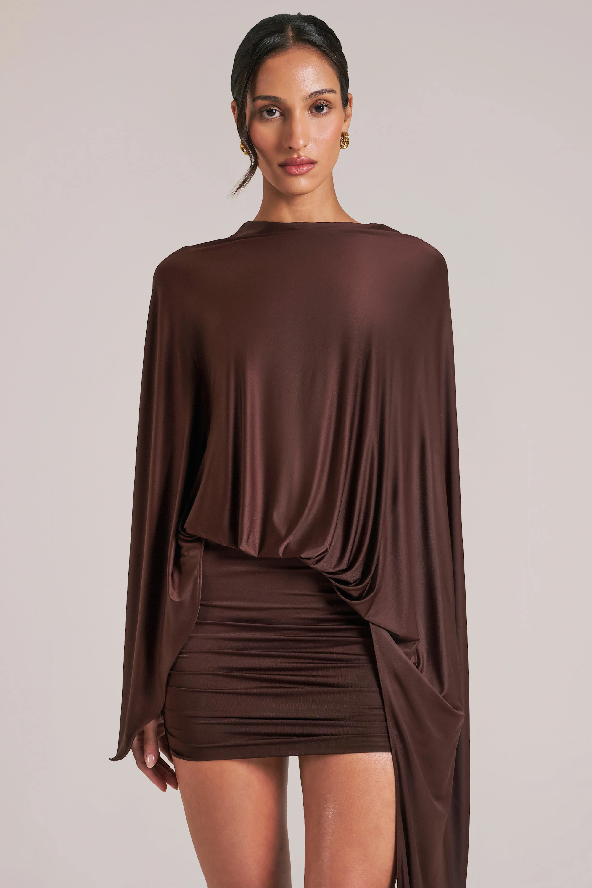 Draped Cape Mini Dress in Chocolate Brown - Image 4