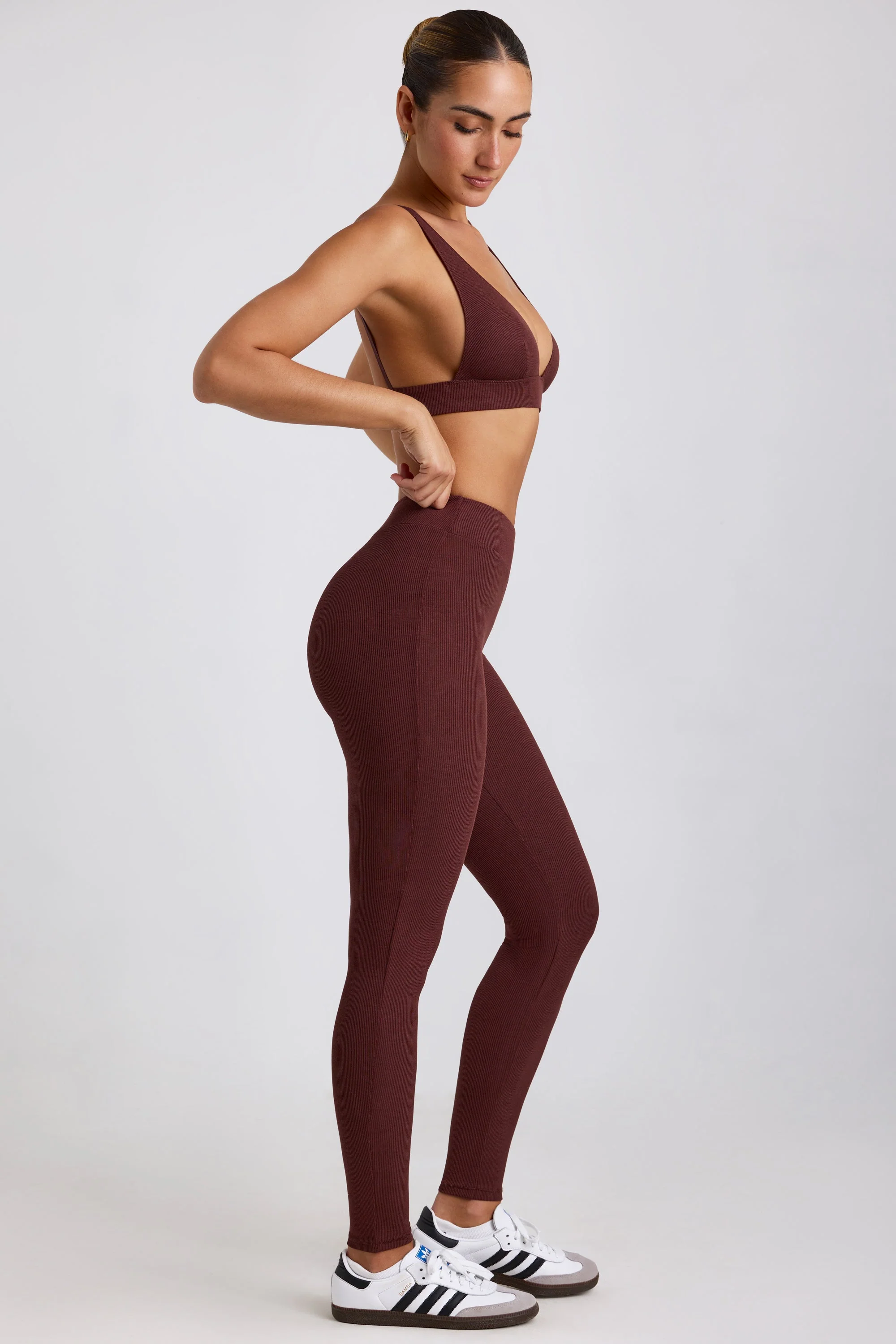 Petite Ribbed Modal High Waist Leggings in Espresso - Image 3