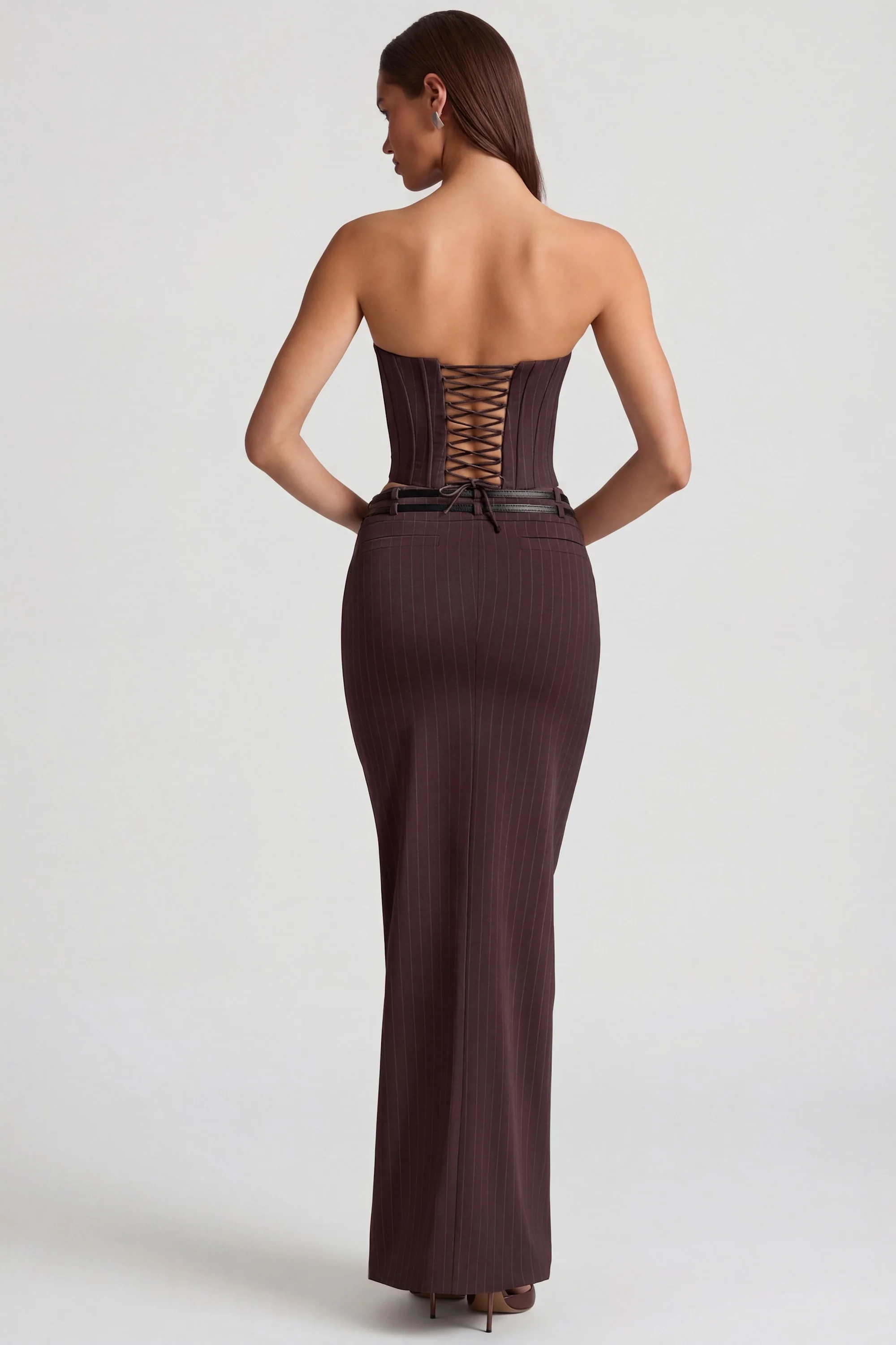 Pinstripe Low-Rise Maxi Skirt in Chocolate Brown - Image 2