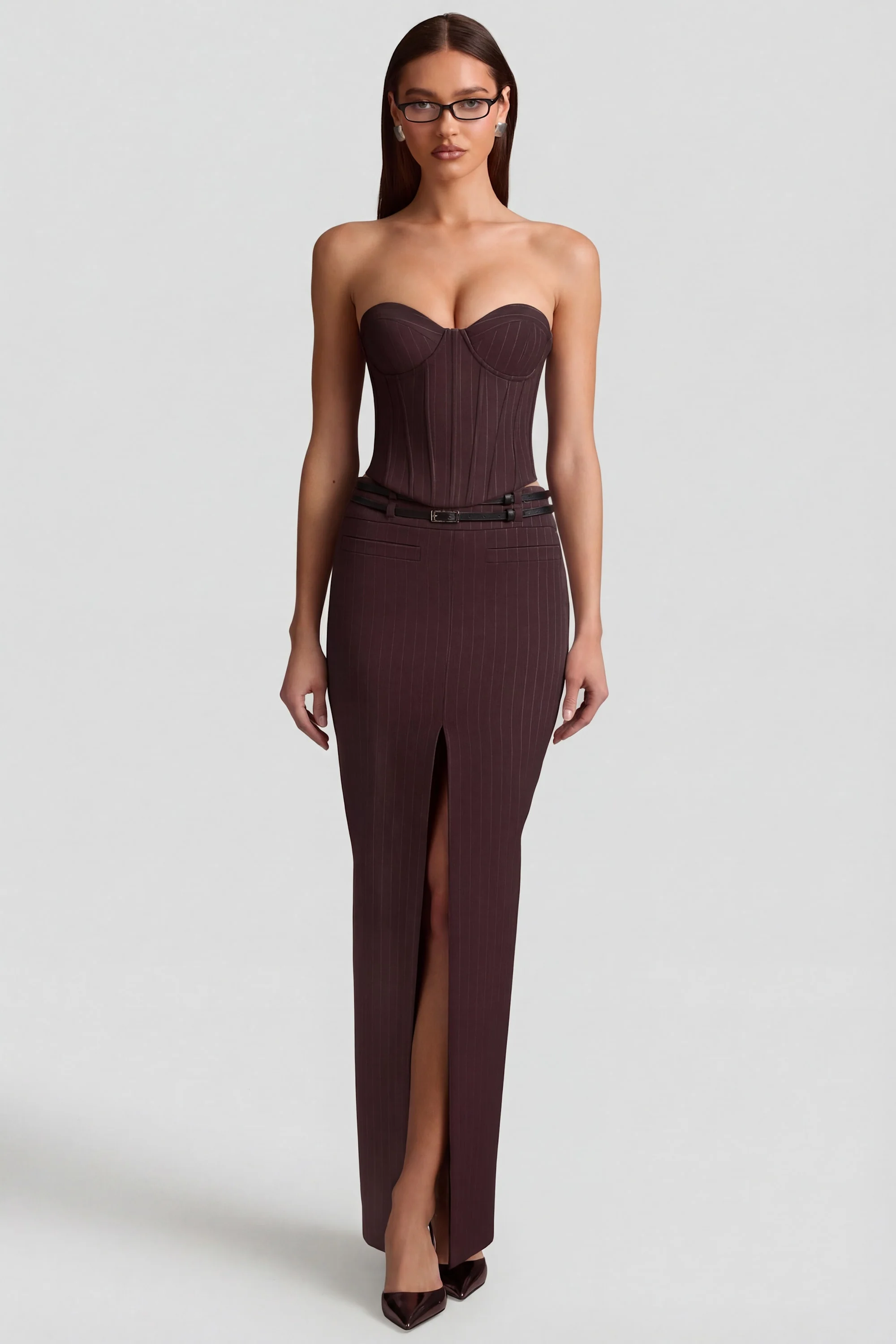 Pinstripe Low-Rise Maxi Skirt in Chocolate Brown - Image 8
