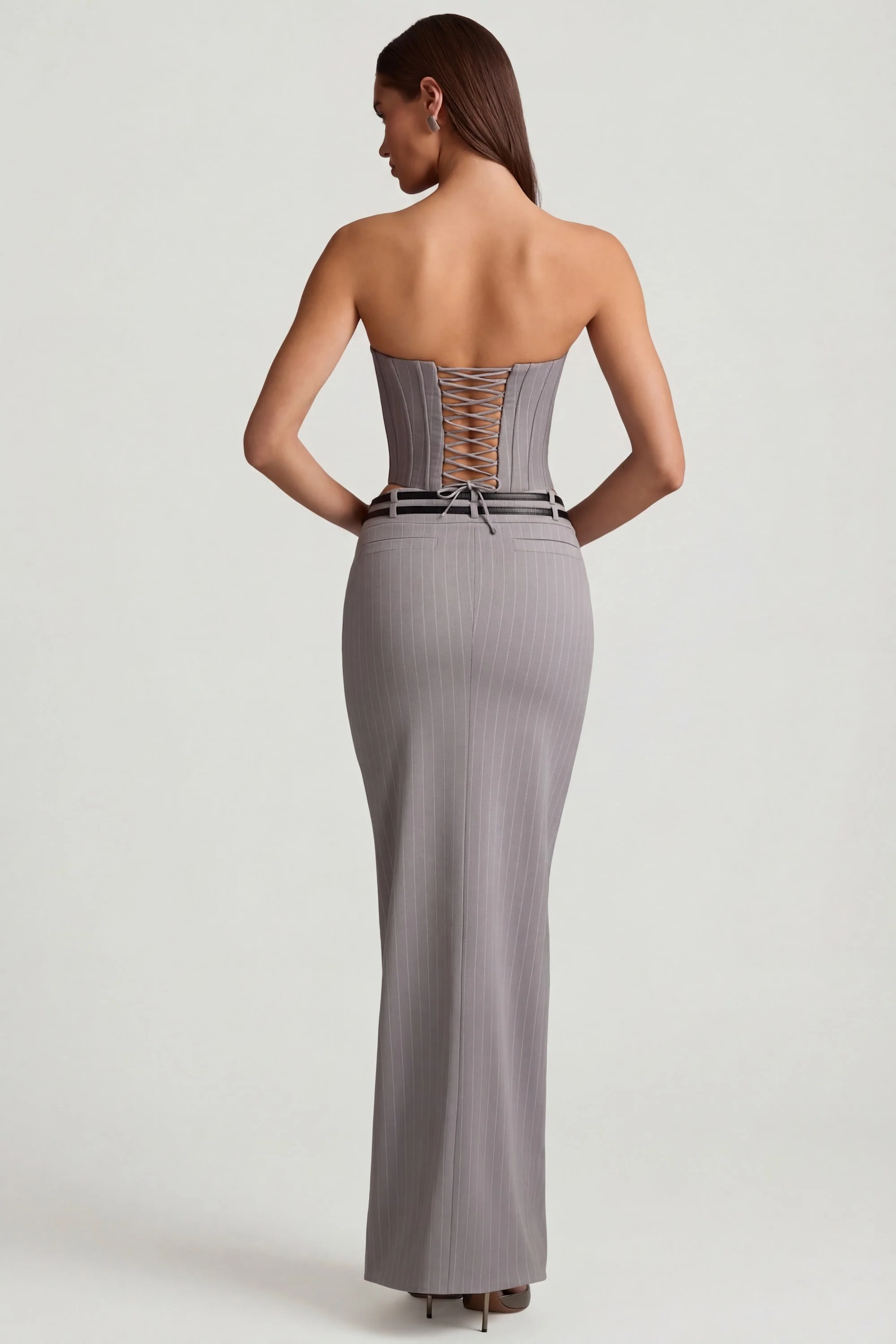 Pinstripe Low-Rise Maxi Skirt in Grey - Image 2