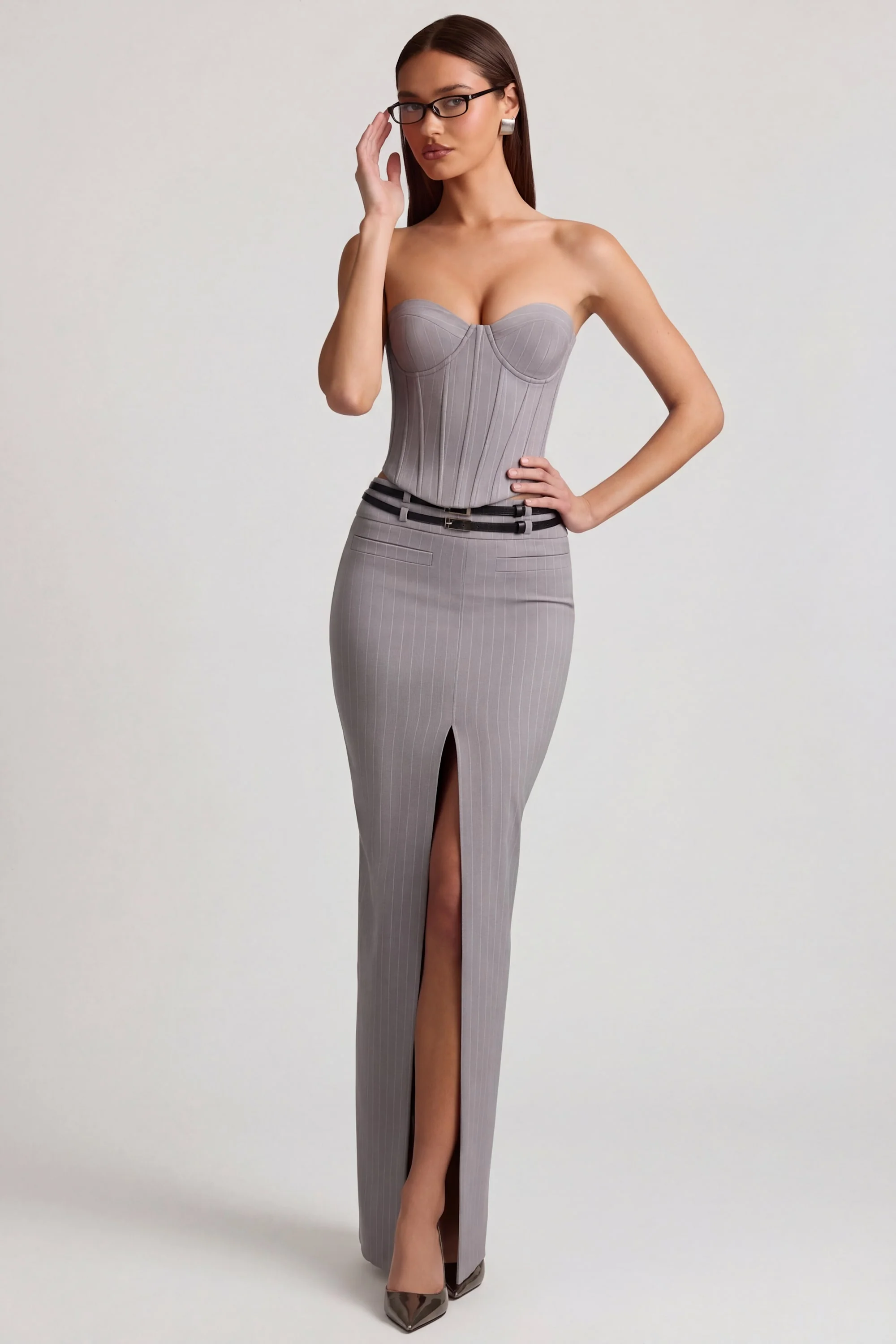 Pinstripe Low-Rise Maxi Skirt in Grey - Image 7