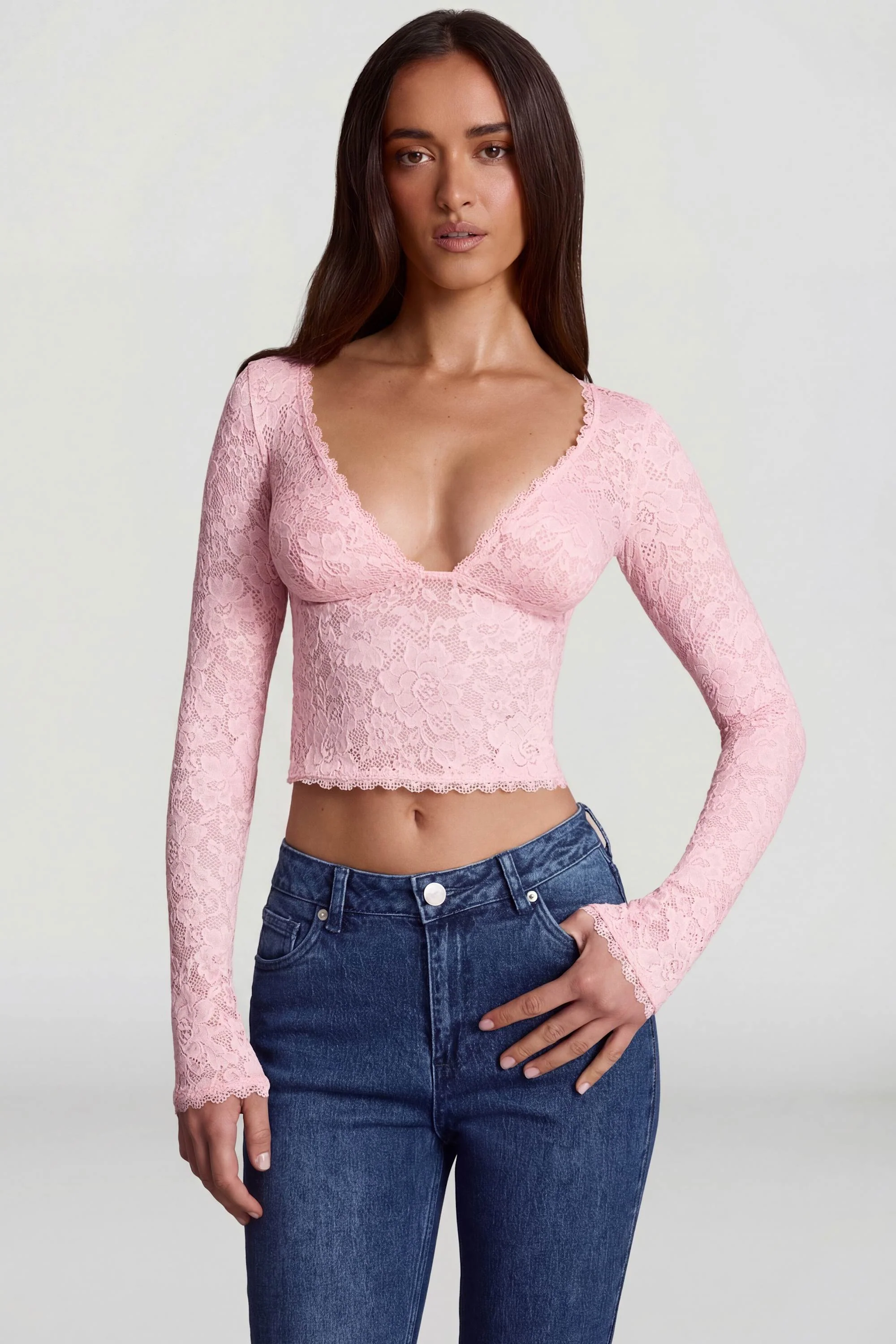 Sheer Lace Plunge-Neck Long-Sleeve Top in Pink - Image 6