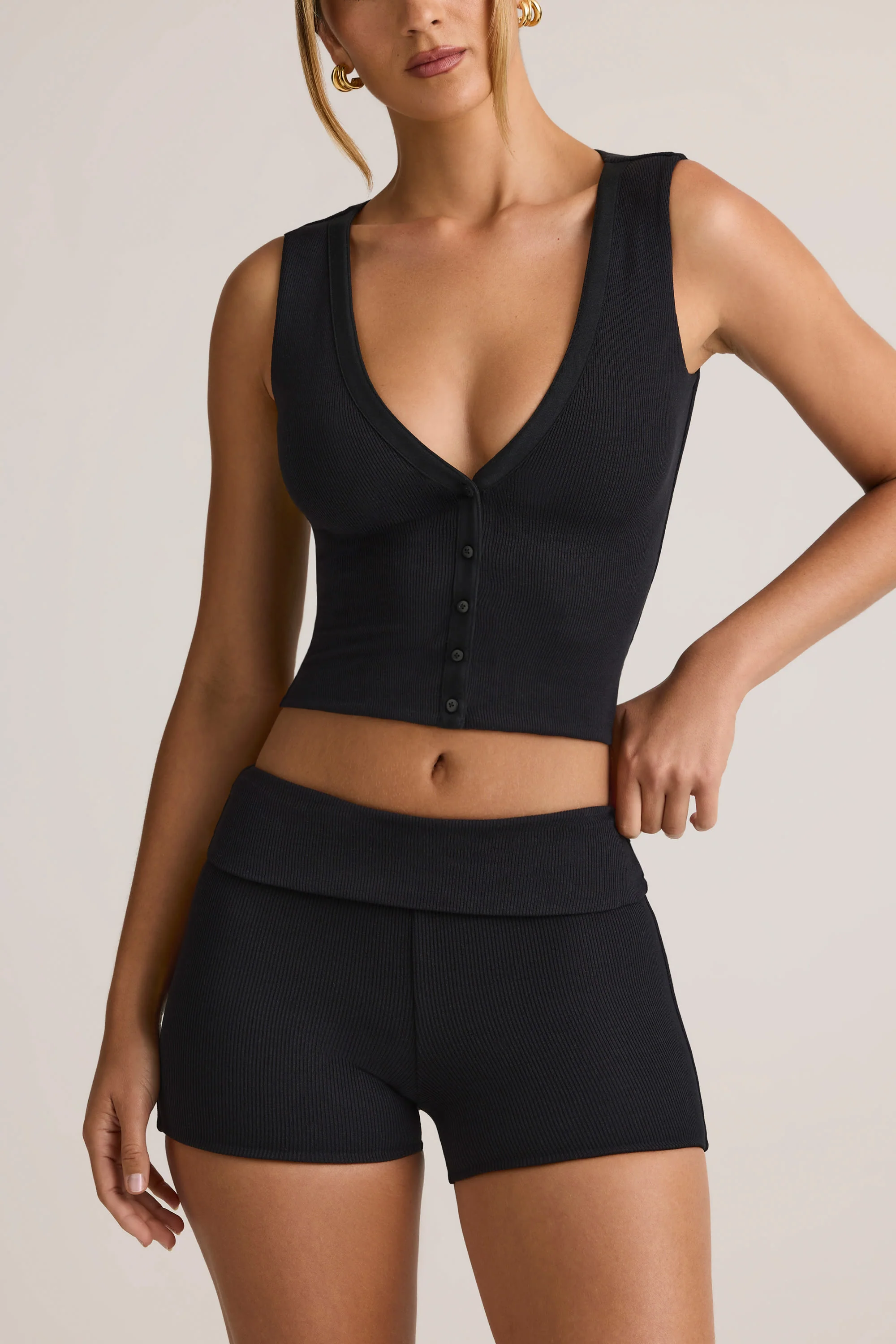Modal Ribbed Mid-Rise Foldover Shorts in Black - Image 2