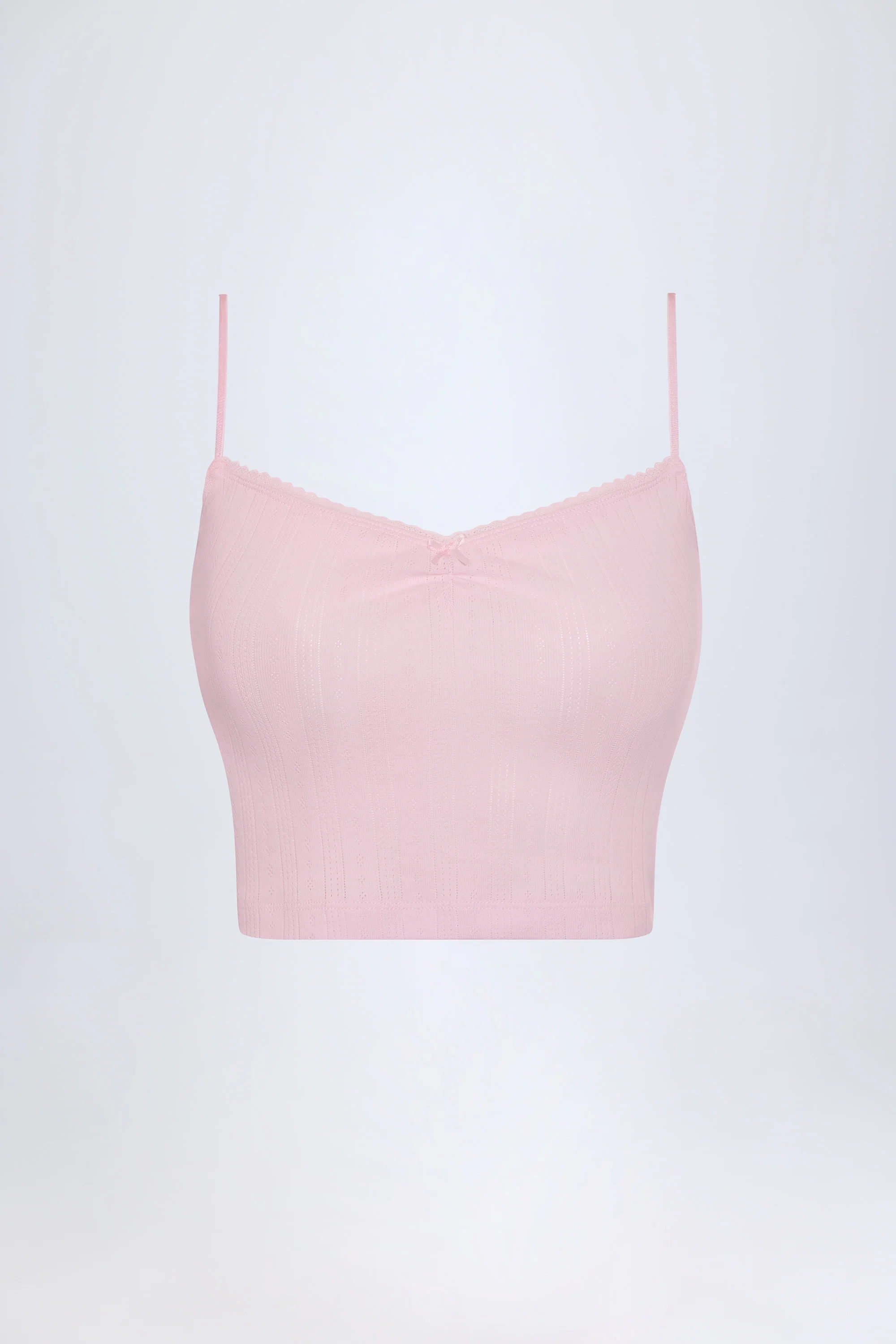 Pointelle Ruched Camisole Crop Top in Baby Pink - Image 3