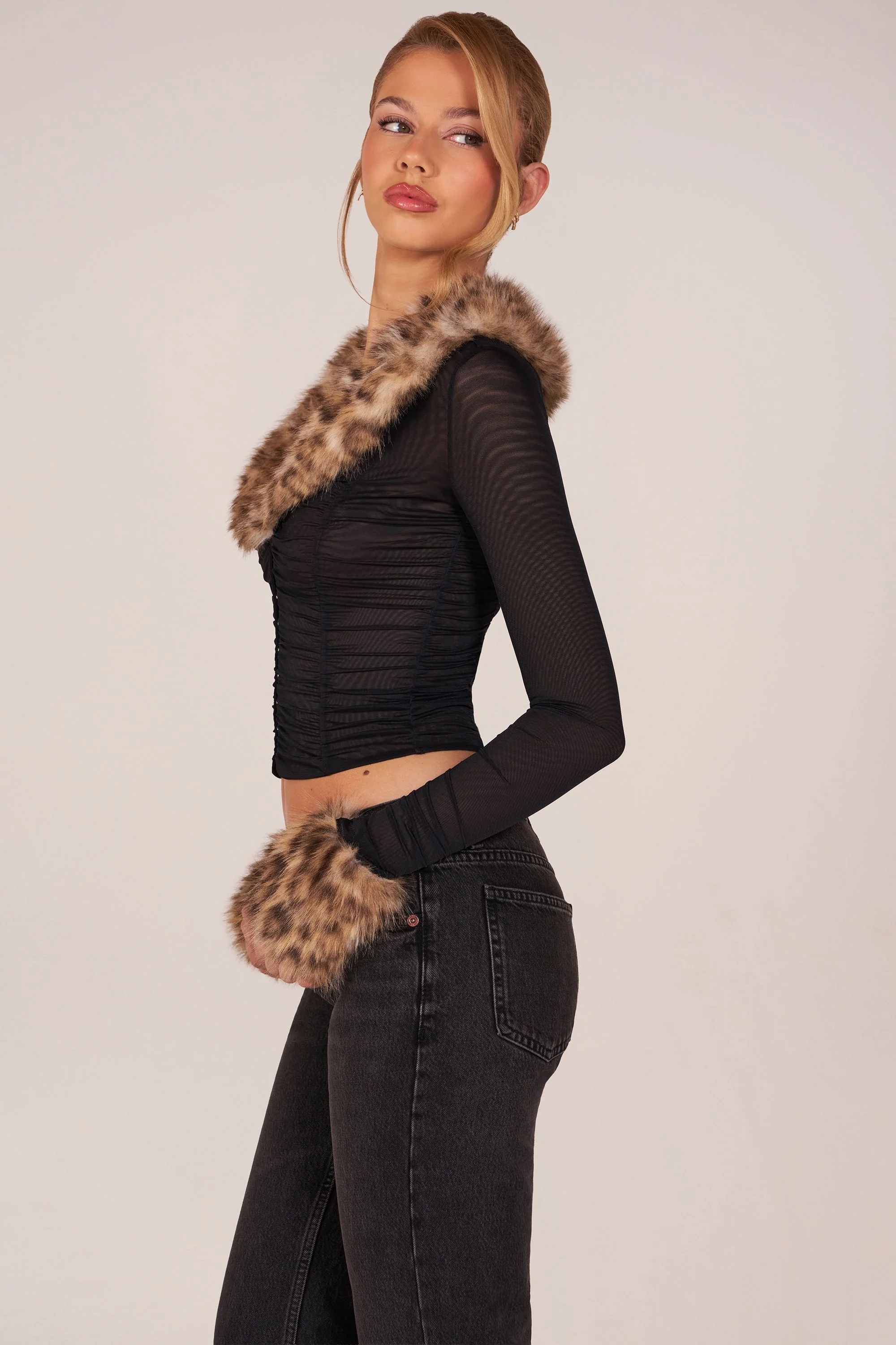 Faux Fur-Trim Sheer Mesh Cardigan in Black - Image 3
