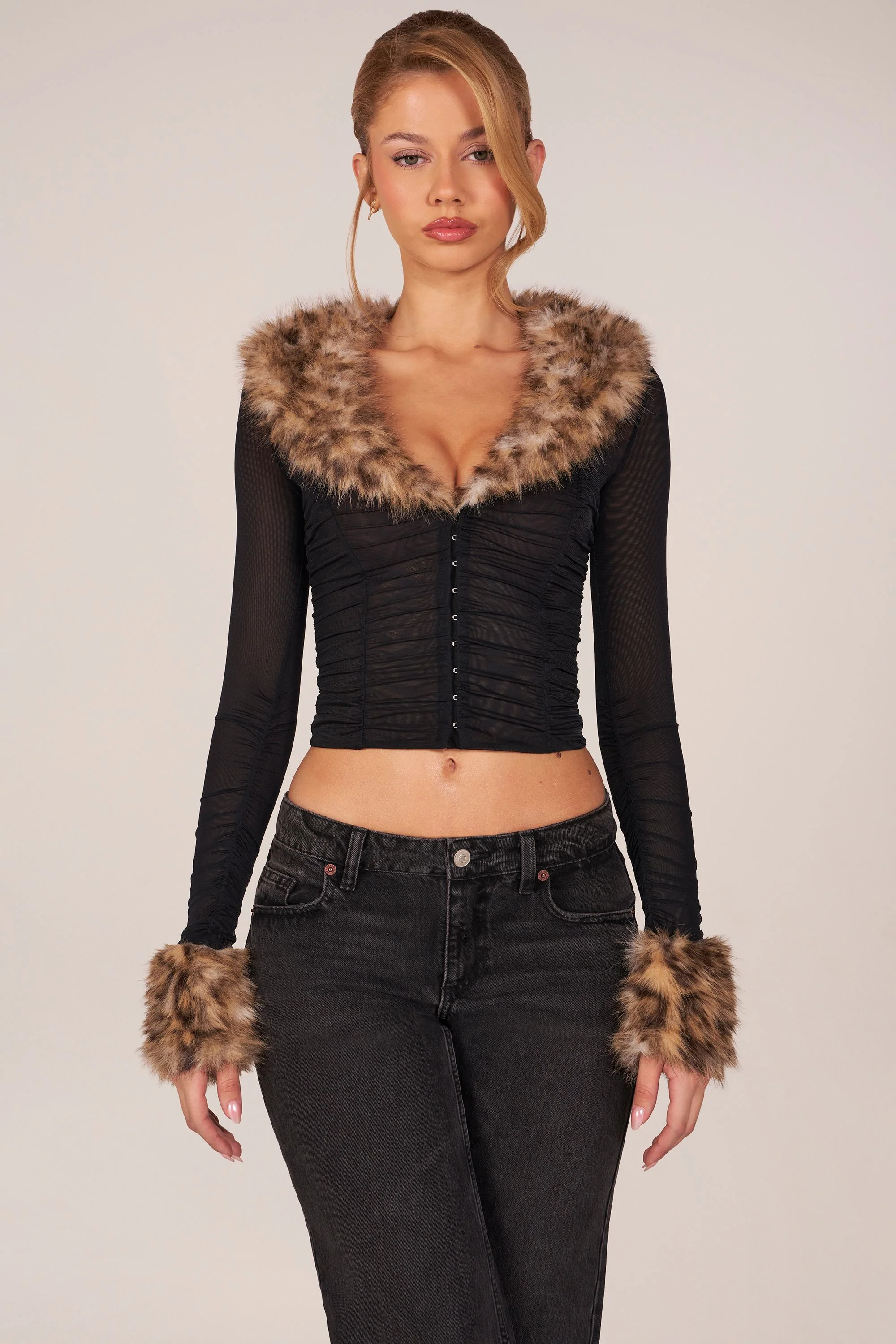 Faux Fur-Trim Sheer Mesh Cardigan in Black - Image 8